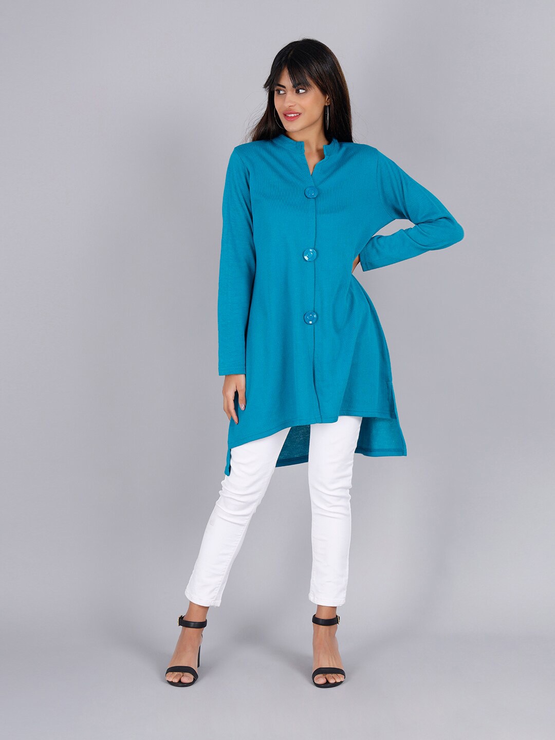 

KEIKO Women Solid Longline Button Shrug, Turquoise blue