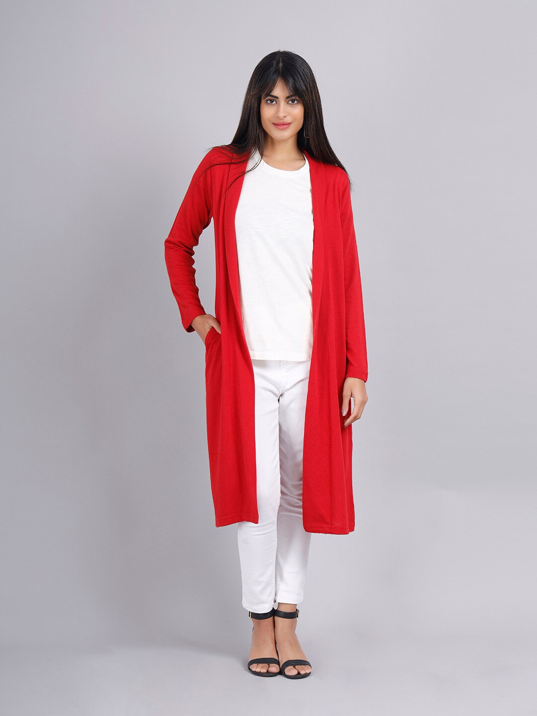 

KEIKO Women Long Sleeves Front Open Shrug, Red