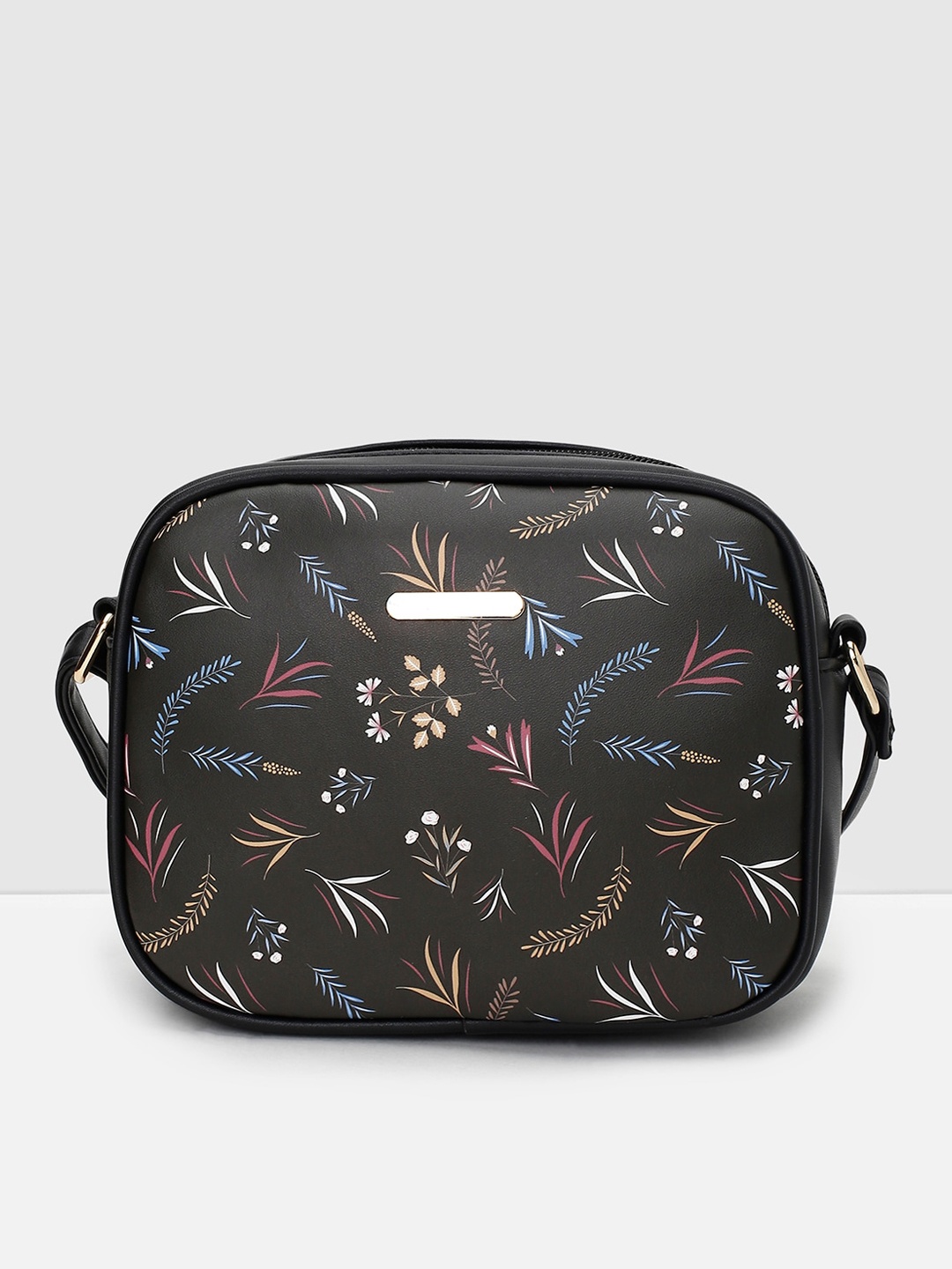 

max Floral Printed PU Structured Sling Bag, Black