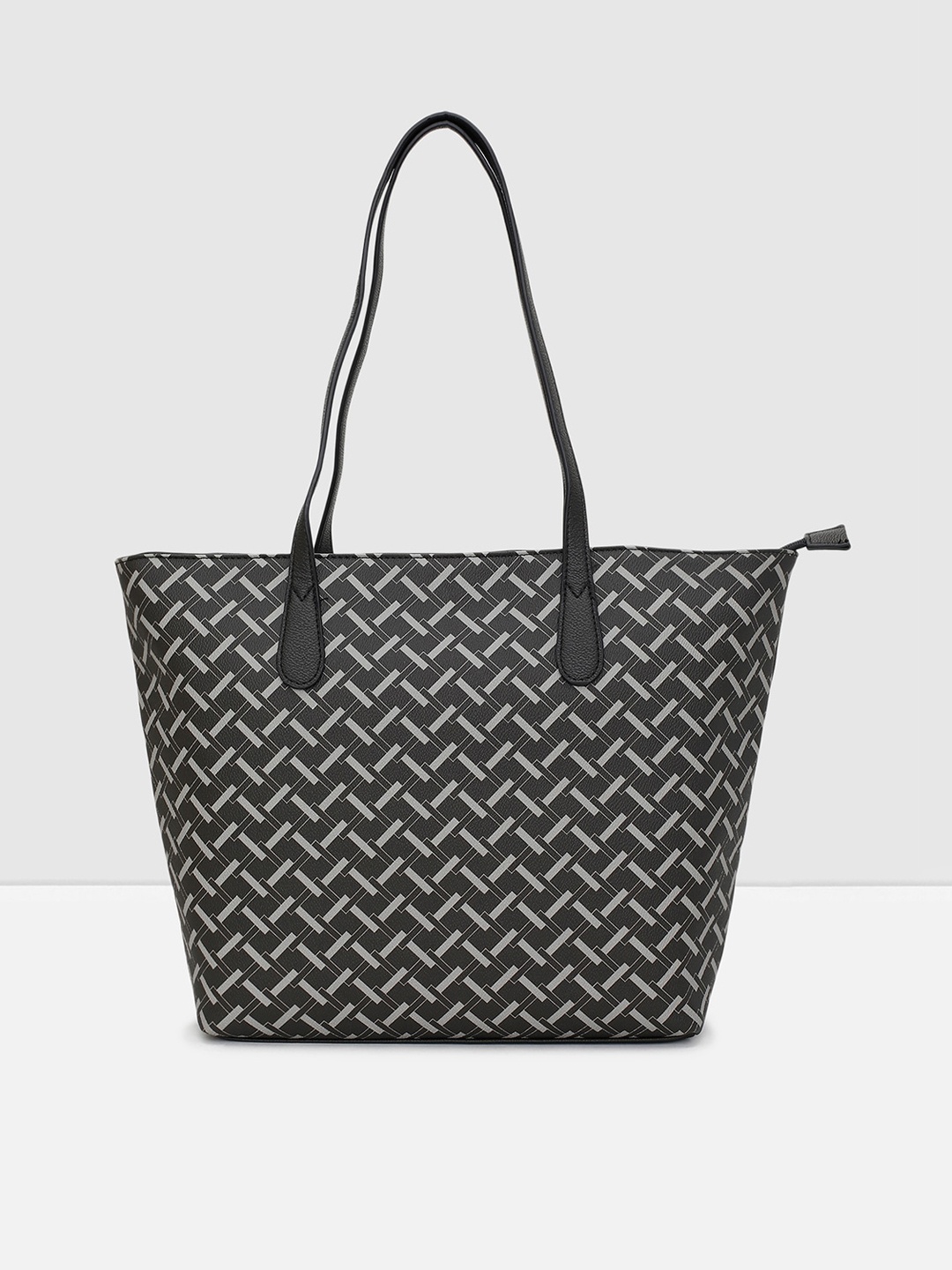 

max Black Geometric Printed PU Oversized Structured Tote Bag
