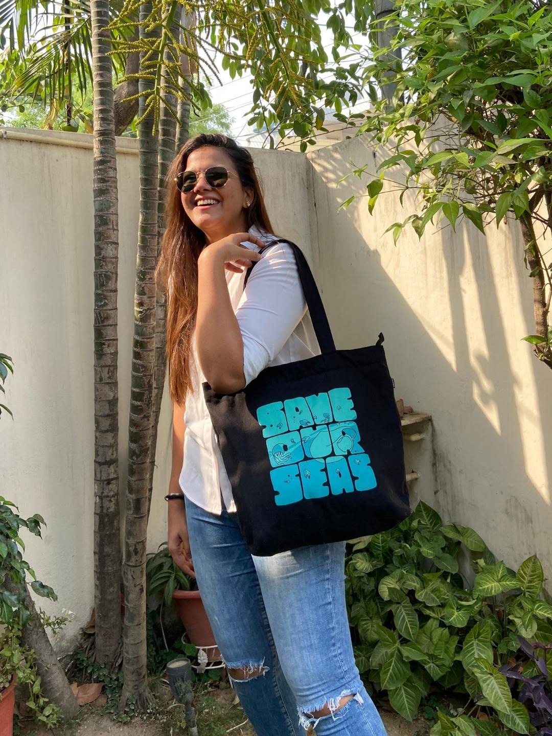 

EcoRight Typography Printed Oversized Shopper Cotton Tote Bag, Black