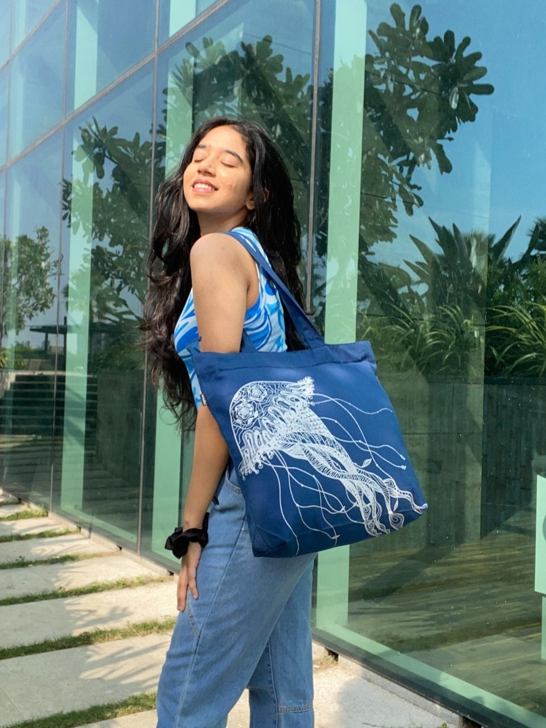 

EcoRight Floral Printed Shopper Cotton Tote Bag, Navy blue