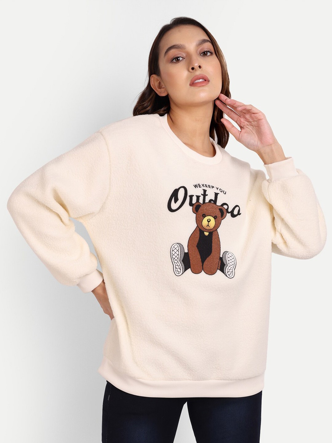 

iki chic Women Printed Round Neck Sweatshirt, Off white