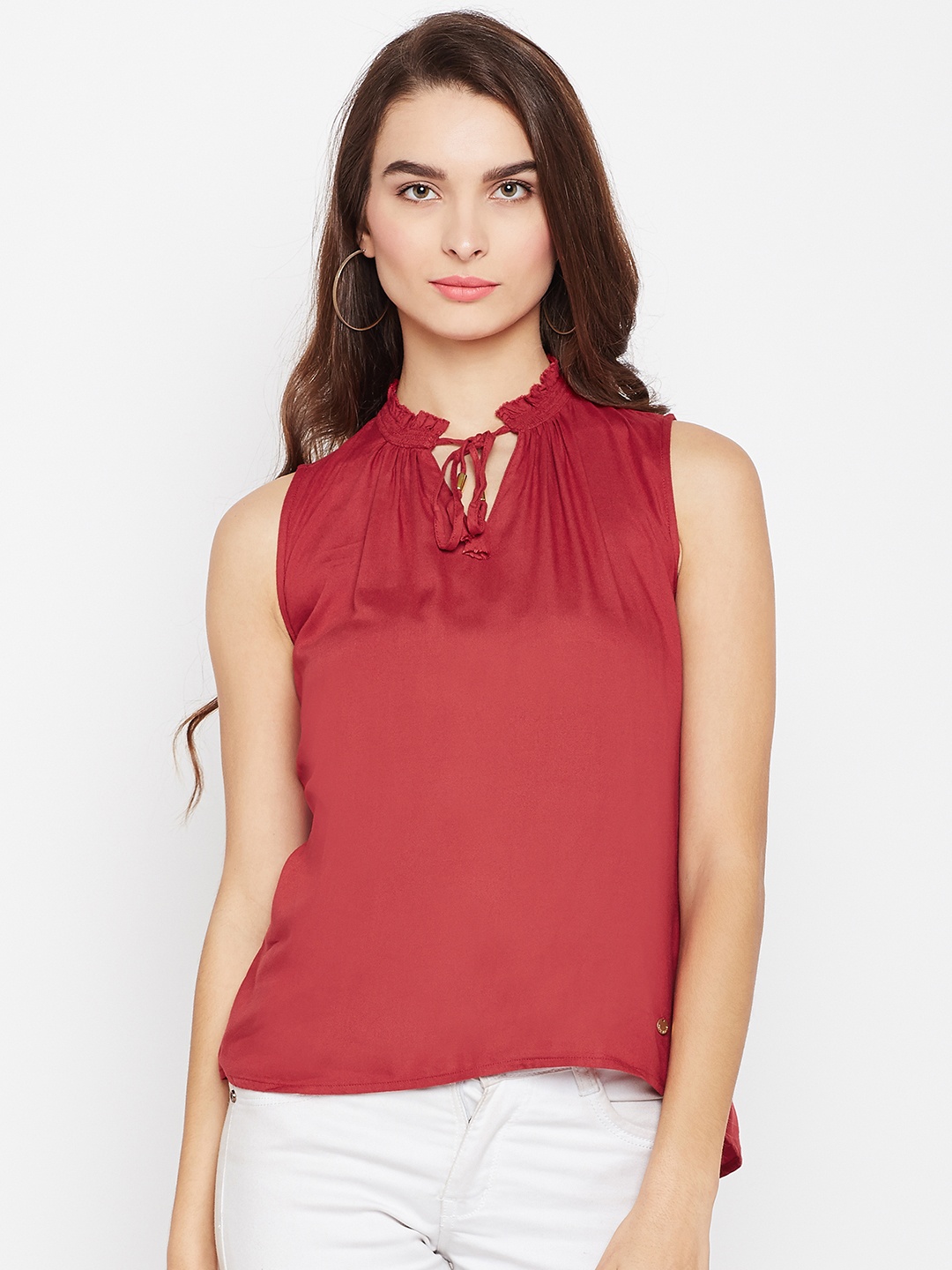 

Pepe Jeans Women Red Solid Satin Finish A-Line Top with Gathers