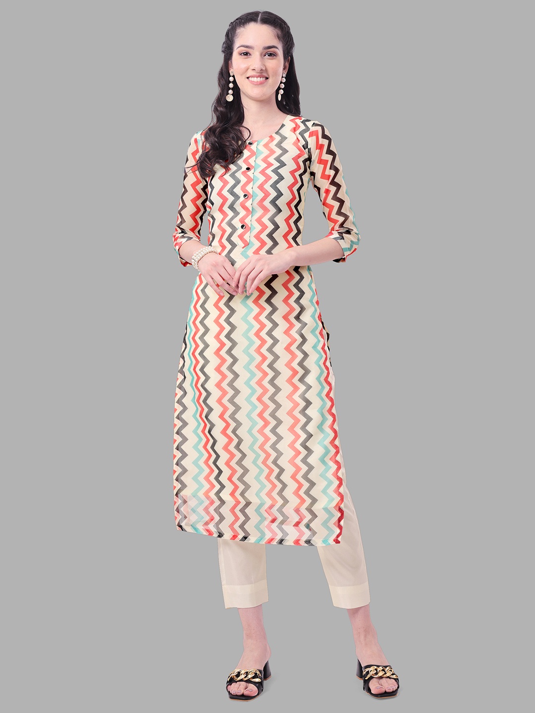 

ASPORA Women Printed Kurta with Trousers, Cream