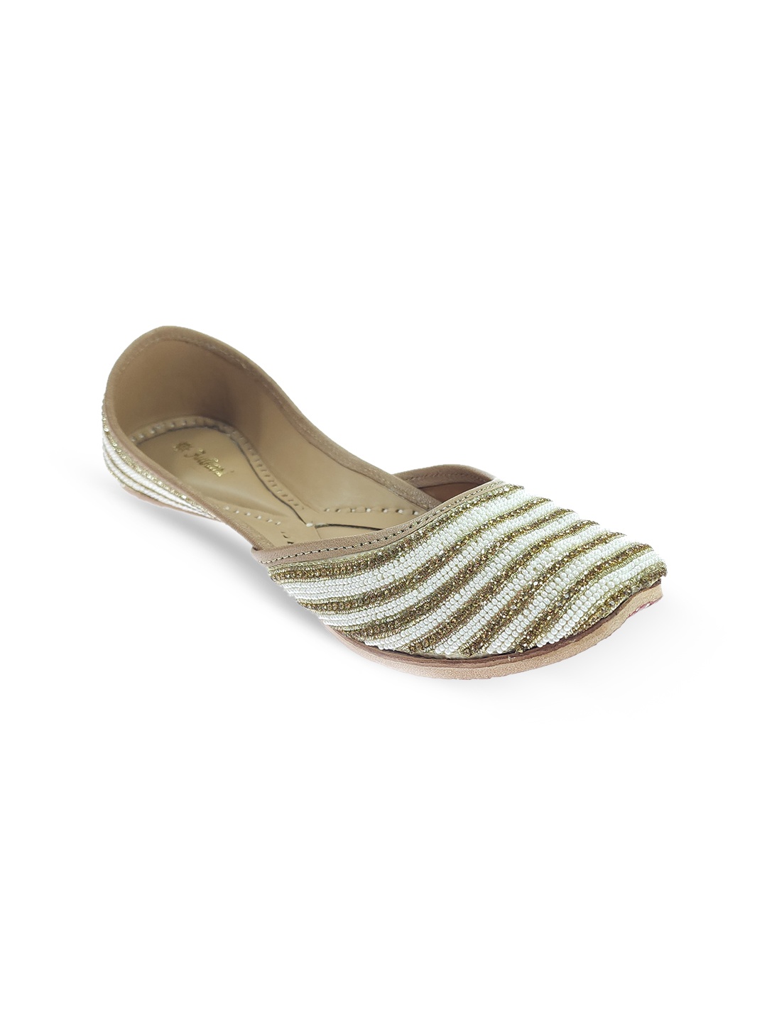 

Fulkari Women Beige Striped Ethnic Mojaris Flats