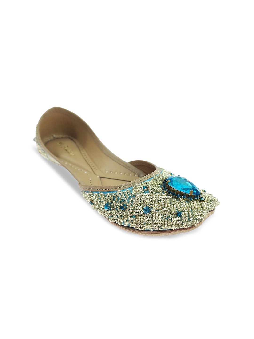 

Fulkari Women Embellished Pure Leather Ethnic Mojaris, Turquoise blue