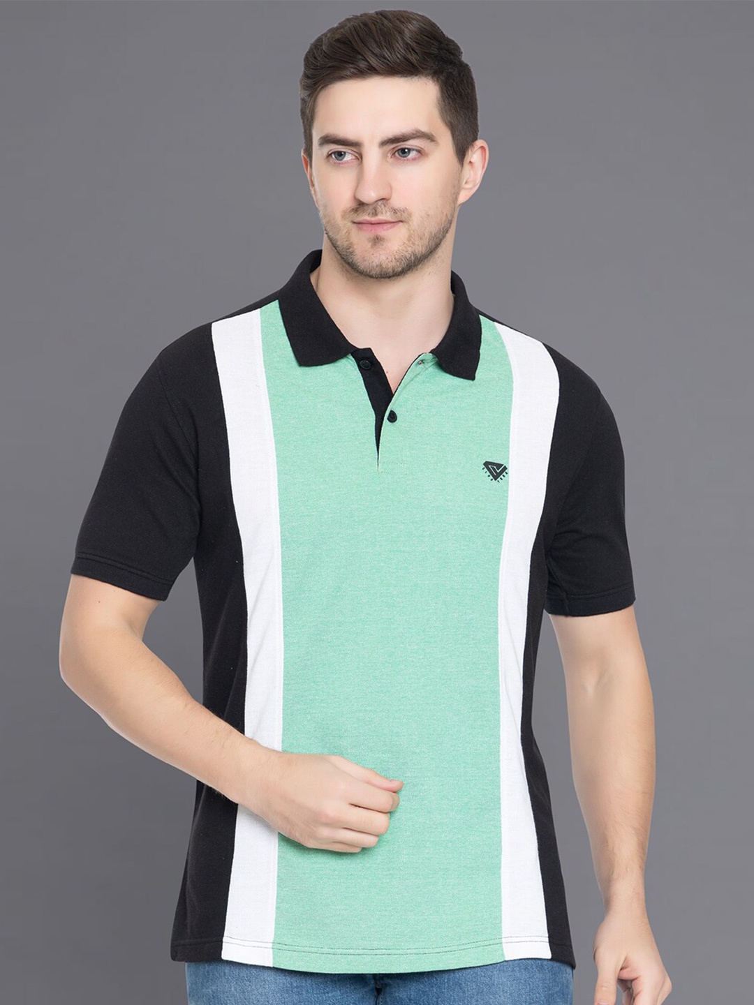 Club York Men Colourblocked Polo Collar Cotton T-shirt, Black