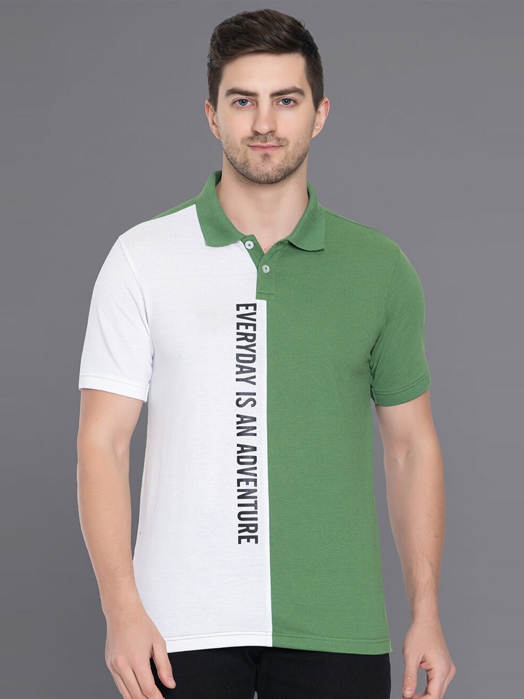 Club York Men Typography Printed Polo Collar Cotton T-shirt, Green
