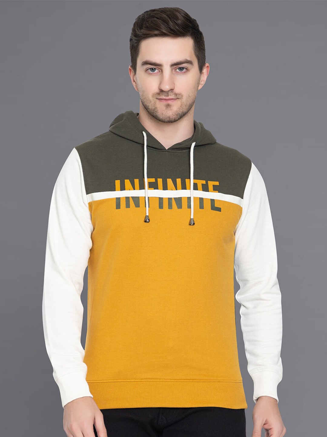 

Club York Men Cotton Colourblocked Hooded Sweatshirt, Mustard