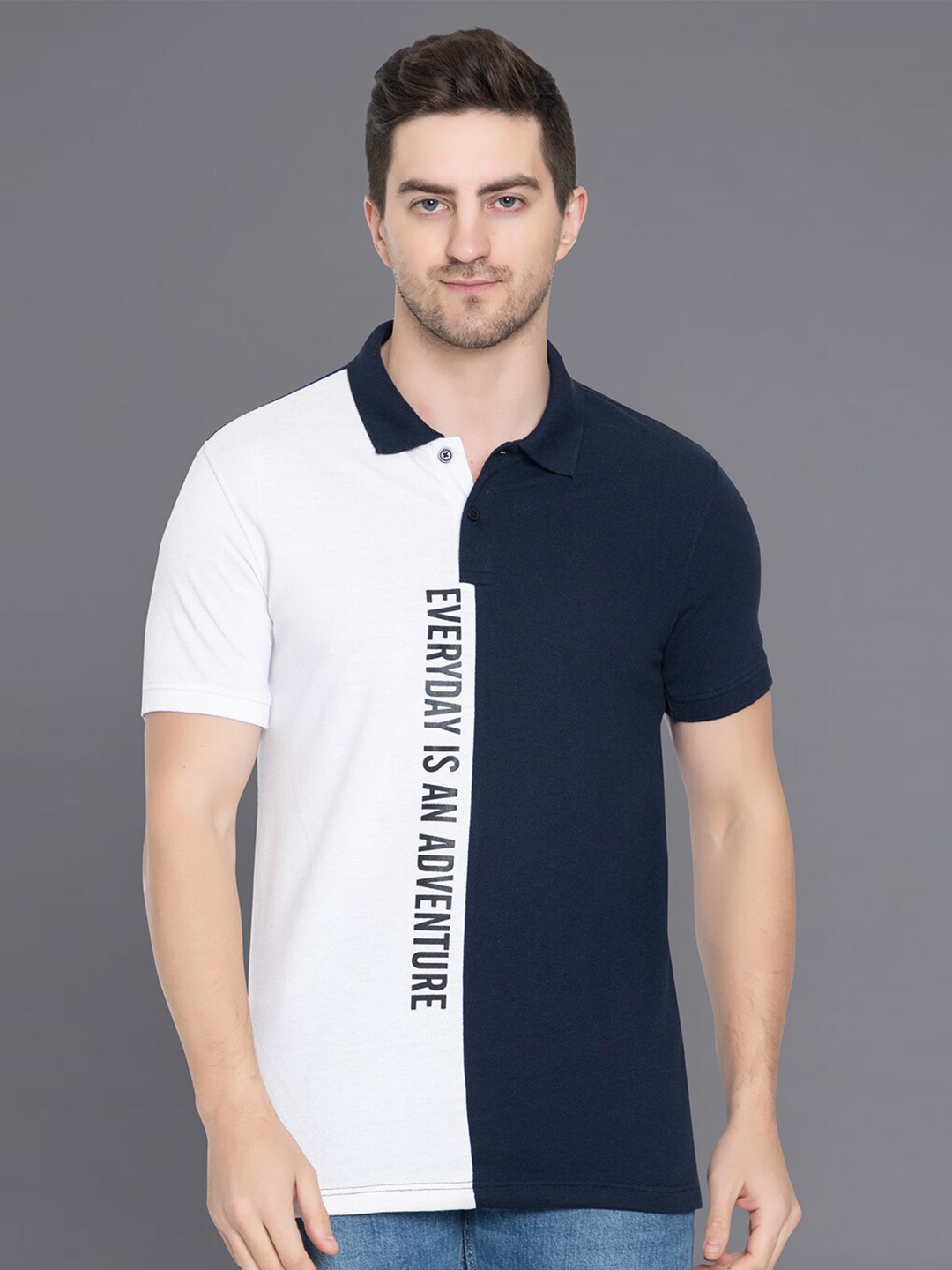 

Club York Men Typography Printed Polo Collar Cotton T-shirt, Navy blue