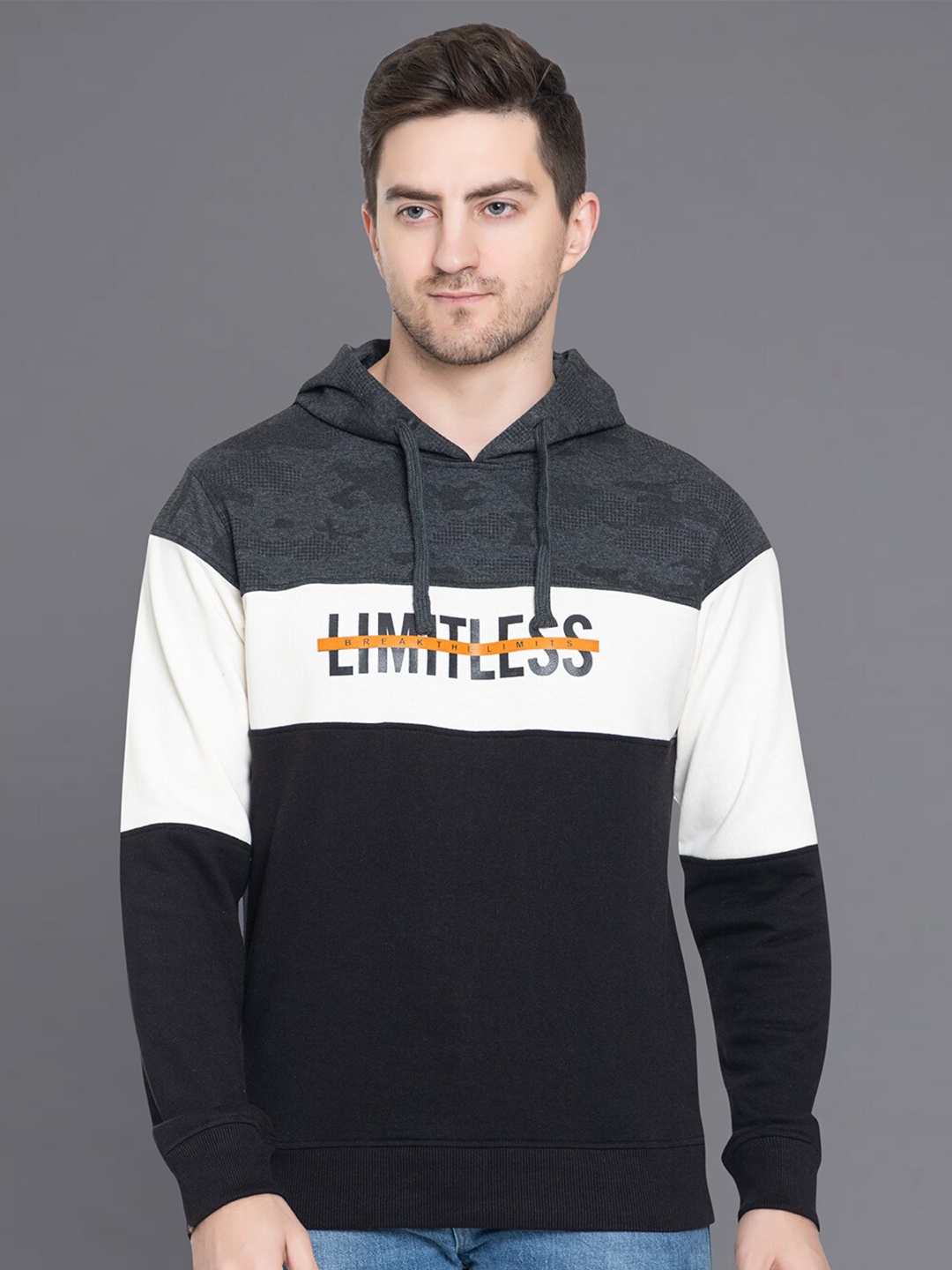 

Club York Men Cotton Colourblocked Hooded Sweatshirt, Charcoal