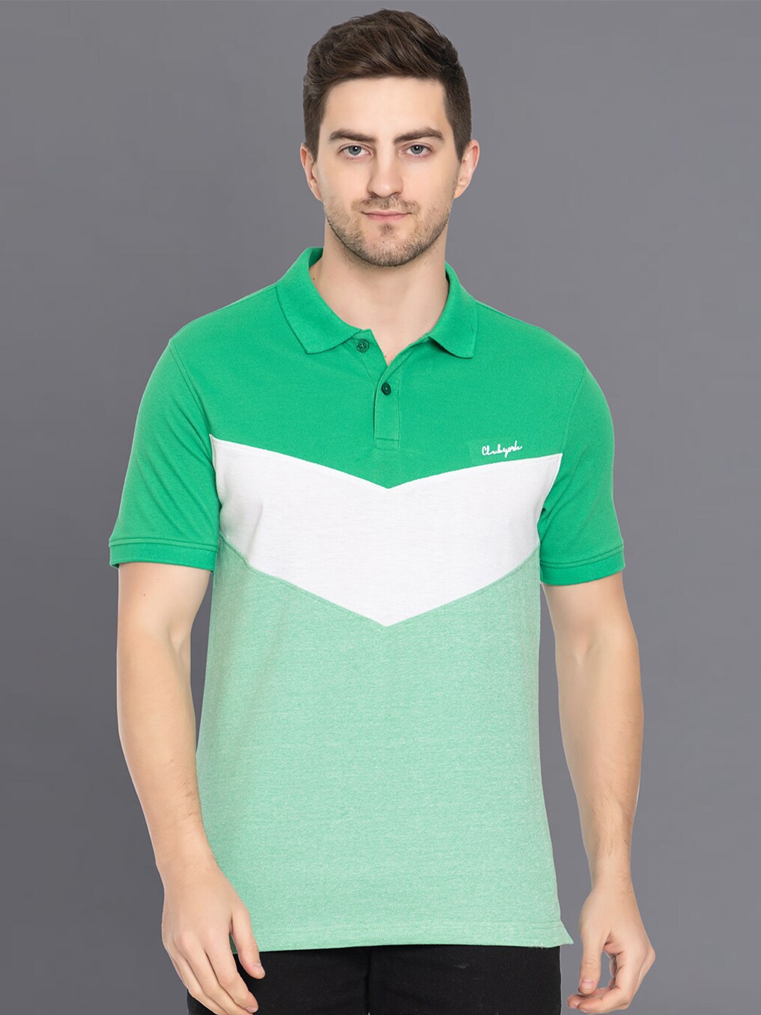 

Club York Men Colourblocked Polo Collar Cotton T-shirt, Green