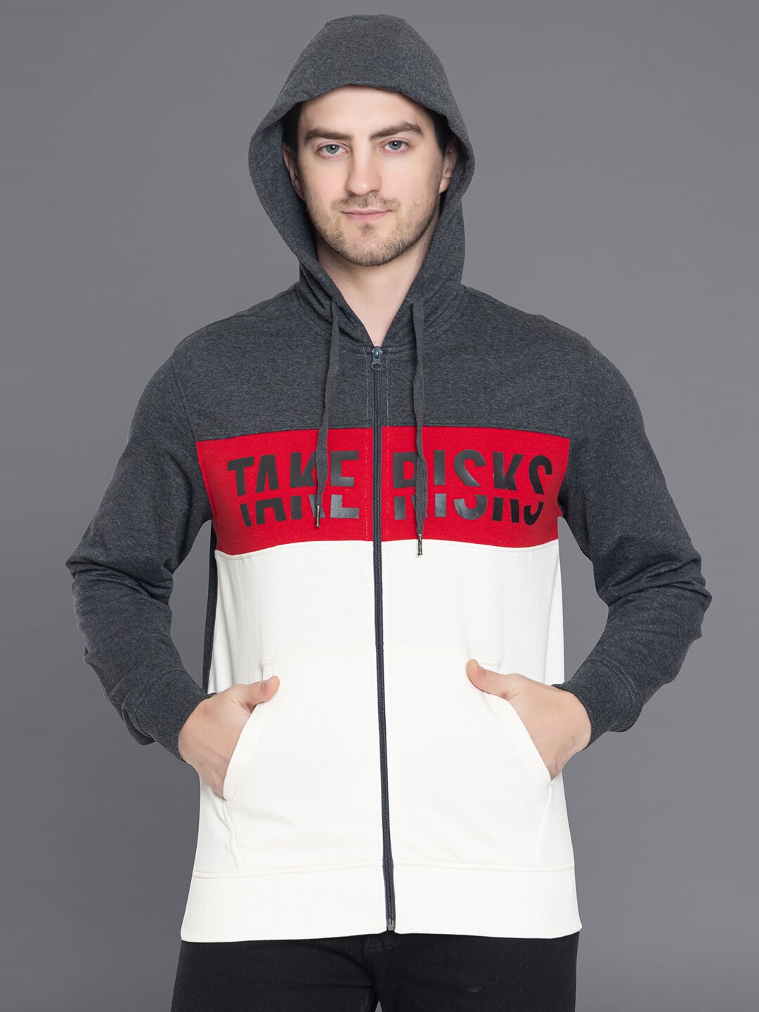 

Club York Men Cotton Colourblocked Hooded Sweatshirt, Charcoal