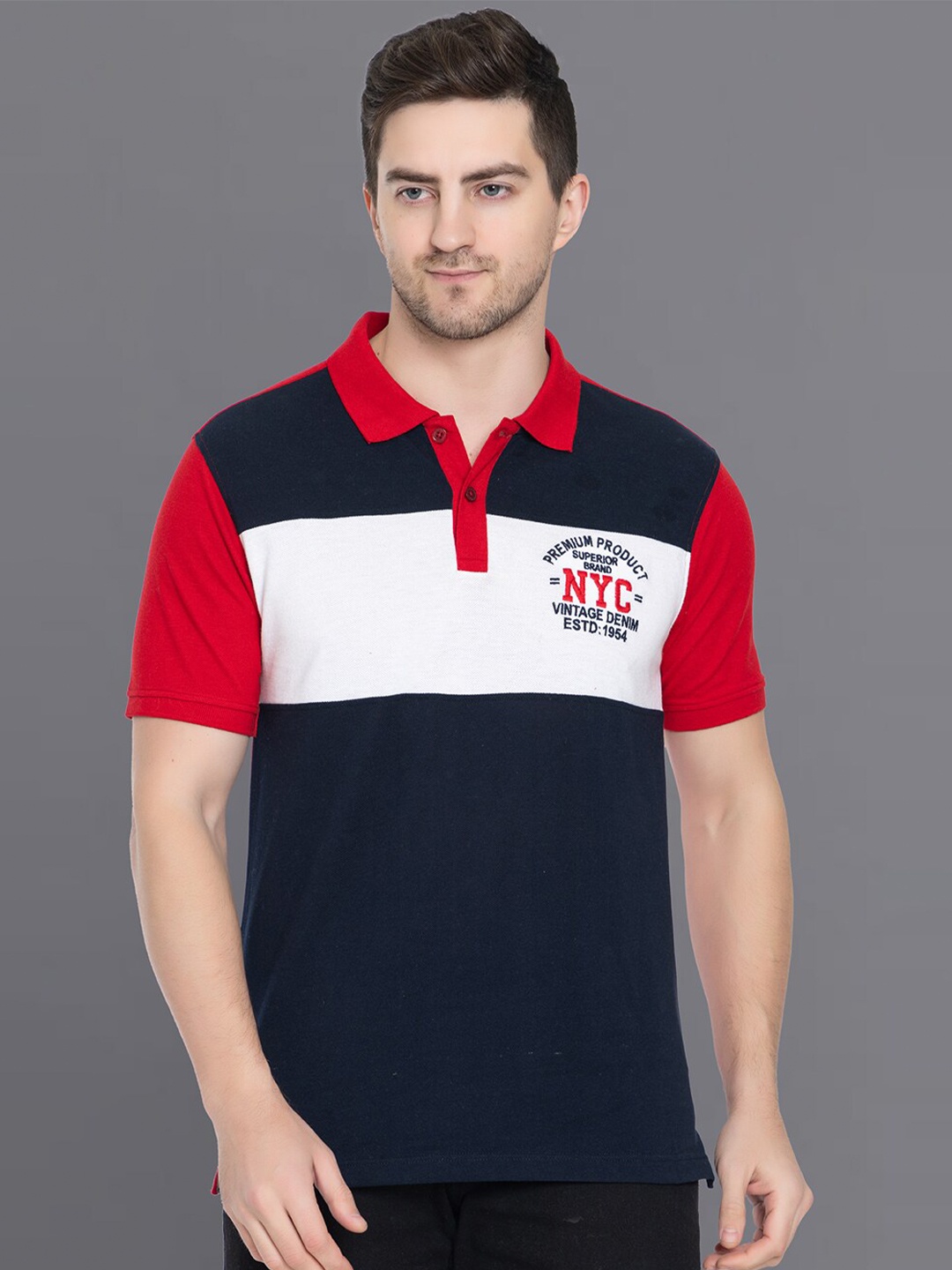 

Club York Men Colourblocked Polo Collar Cotton T-shirt, Navy blue