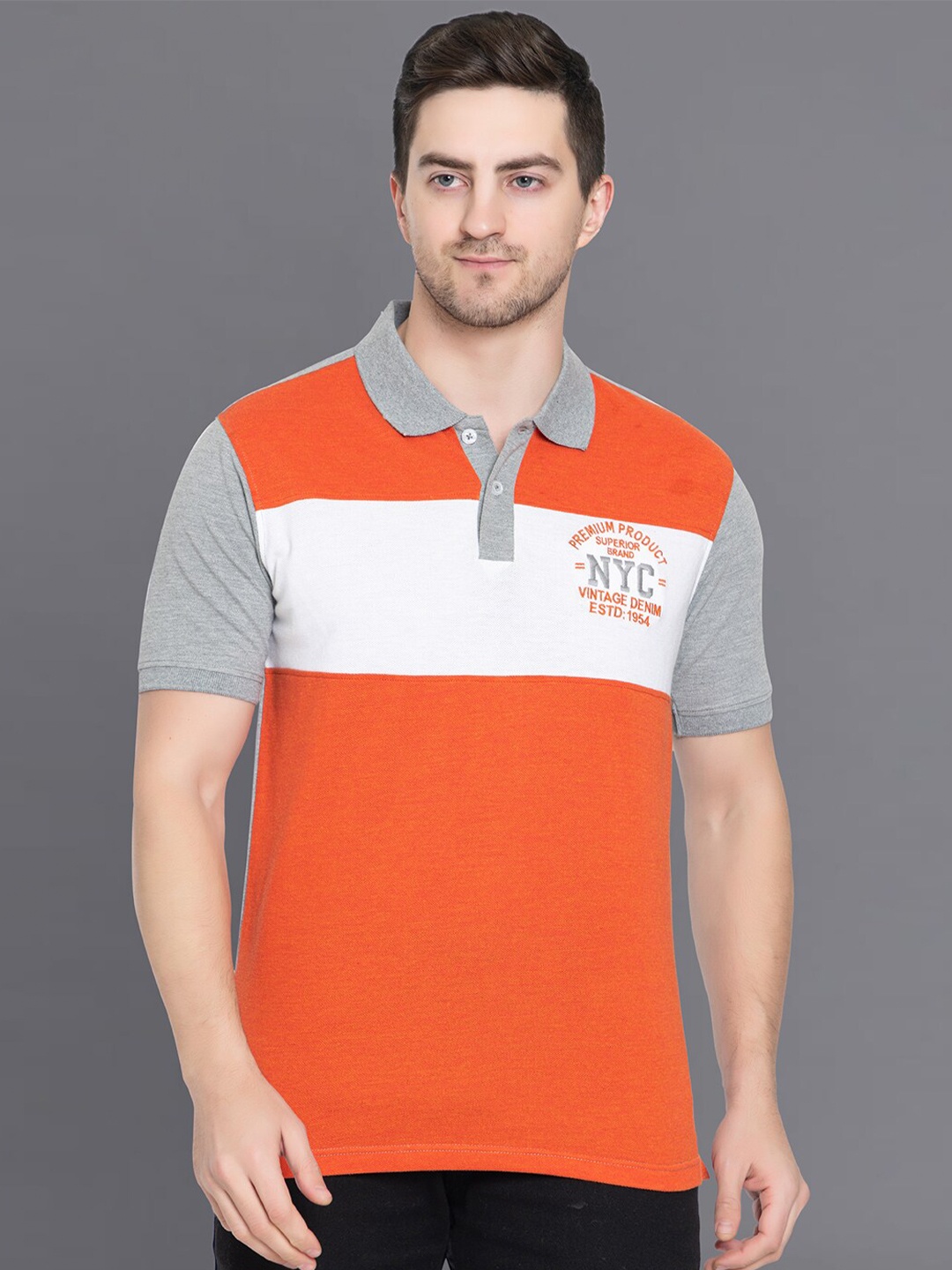 

Club York Men Colourblocked Polo Collar Cotton T-shirt, Orange