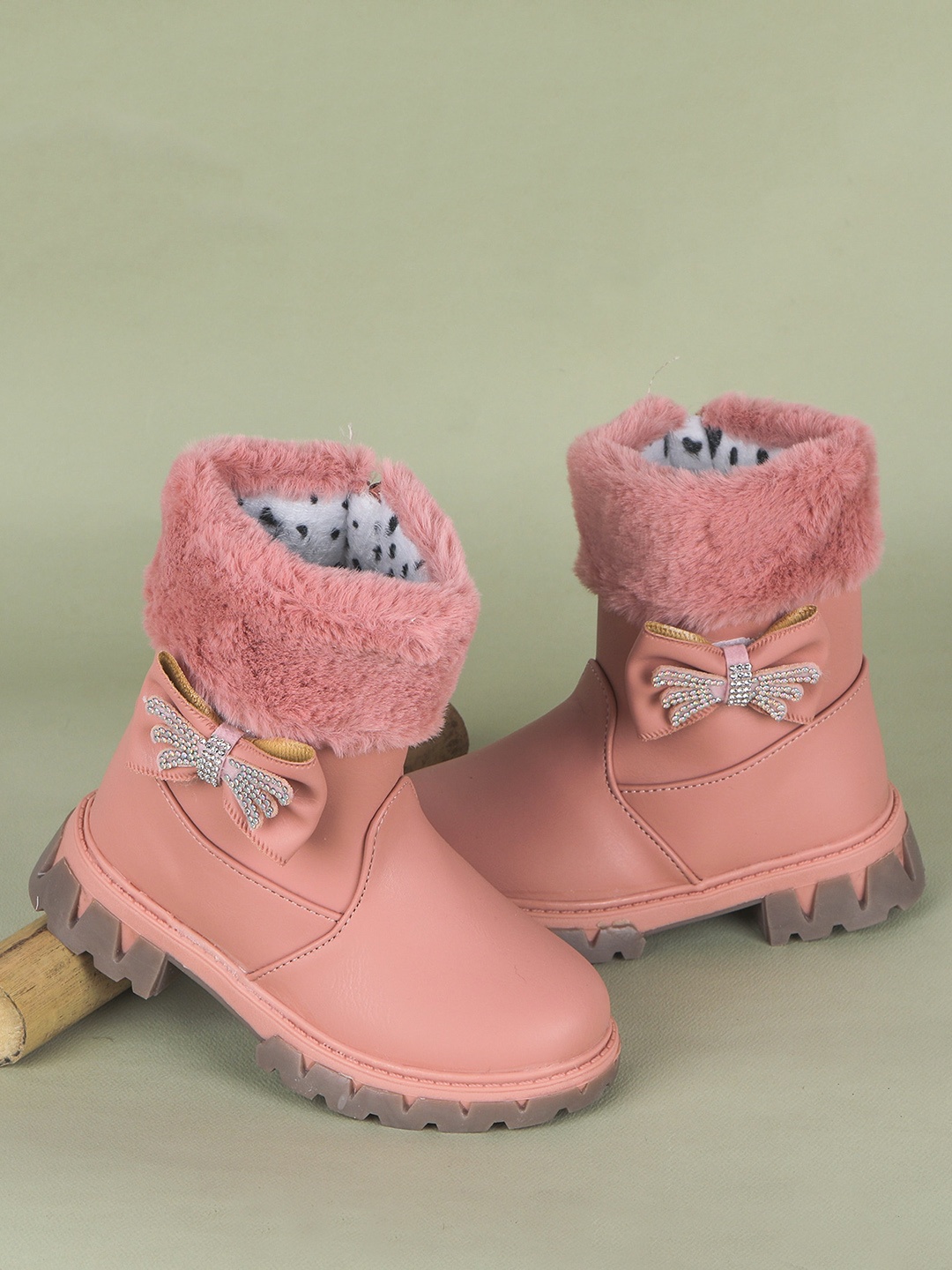 

FEETWELL SHOES Girls Embellished Faux Fur Trim Mid-Top Winter Boots, Pink