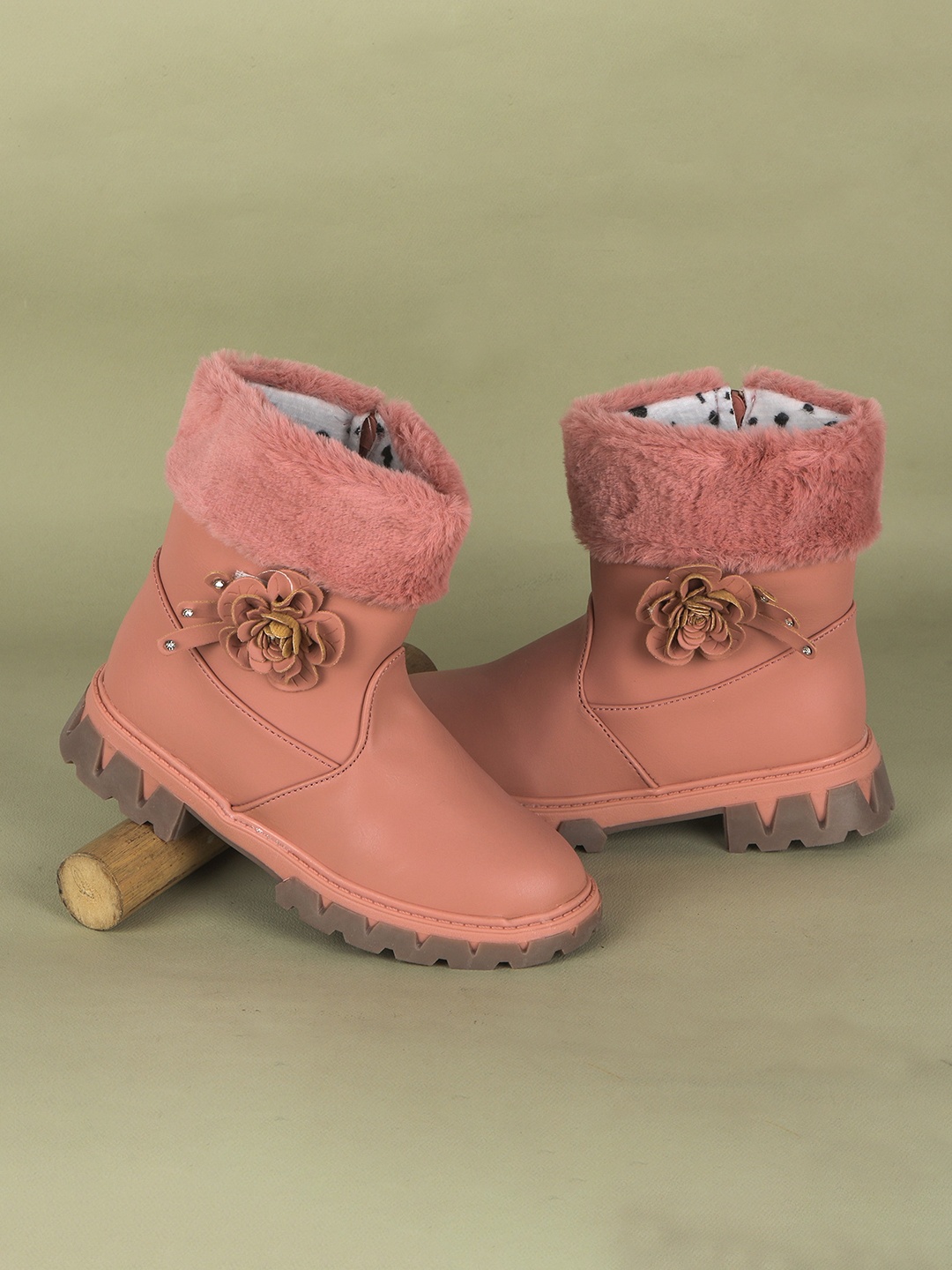 

FEETWELL SHOES Girls Embellished Faux Fur Trim Mid-Top Winter Boots, Pink