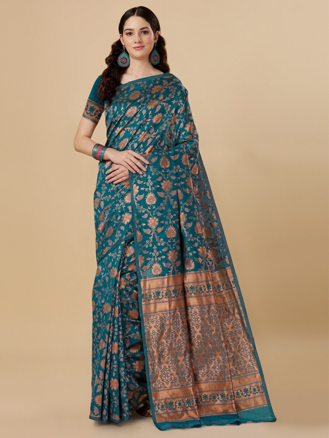 

BESUCHER Woven Design Zari Silk Blend Kanjeevaram Saree, Teal