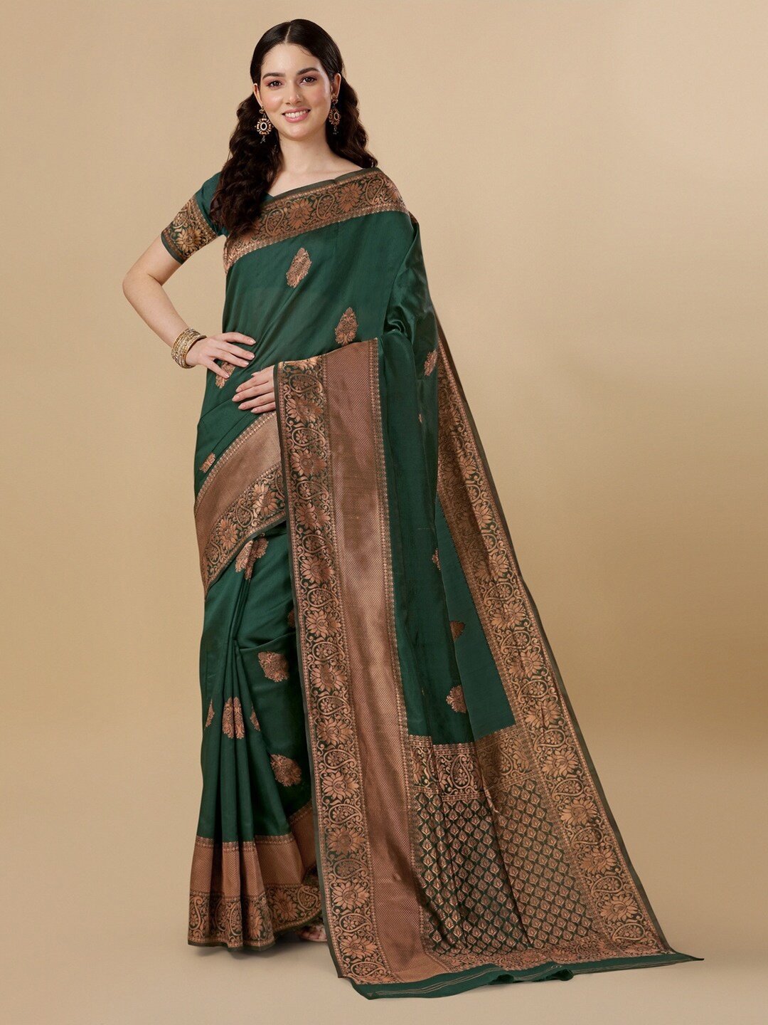 

BESUCHER Ethnic Motif Woven Design Zari Silk Blend Kanjeevaram Saree, Green