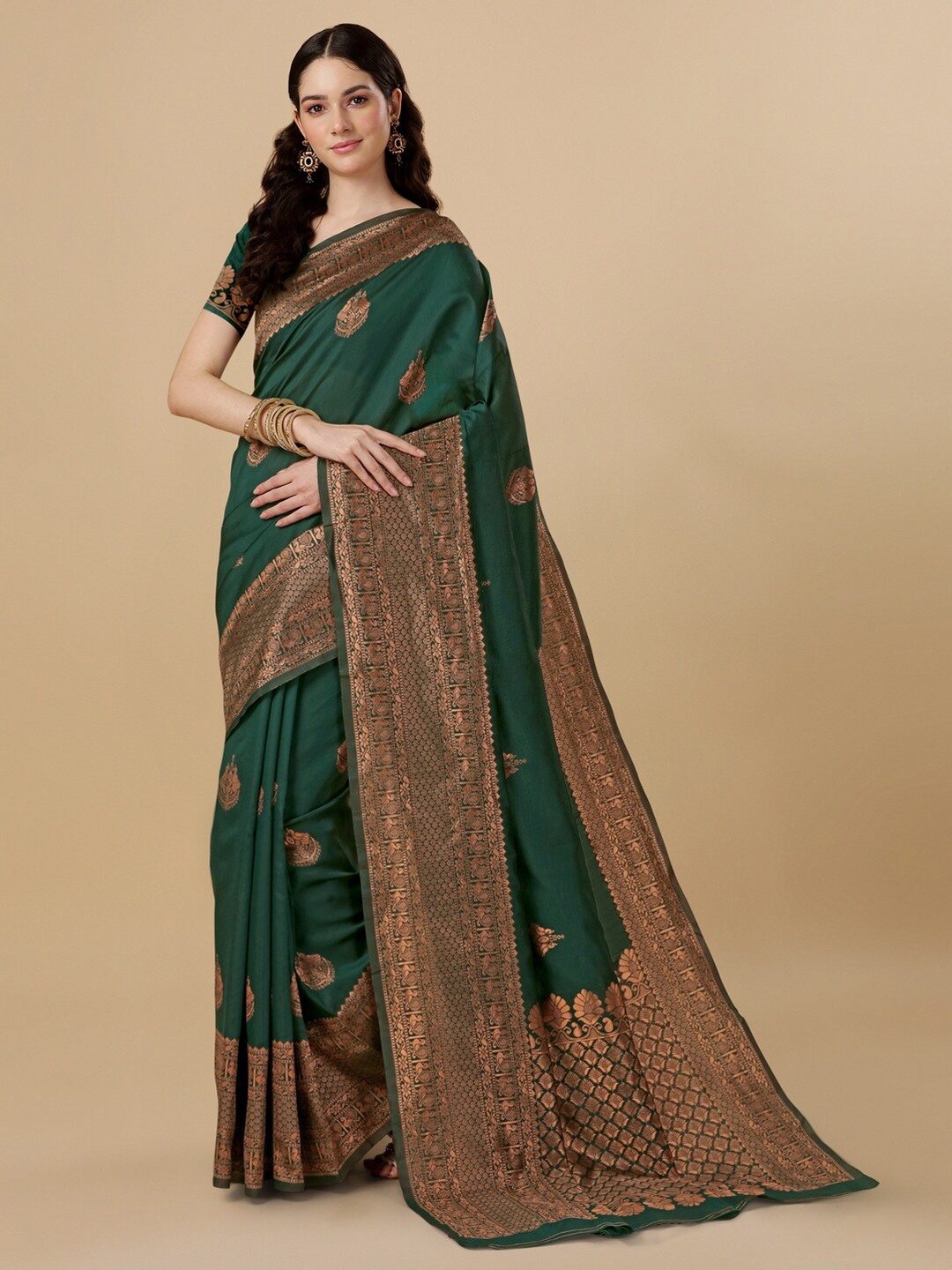 

BESUCHER Woven Design Zari Silk Blend Kanjeevaram Saree, Green
