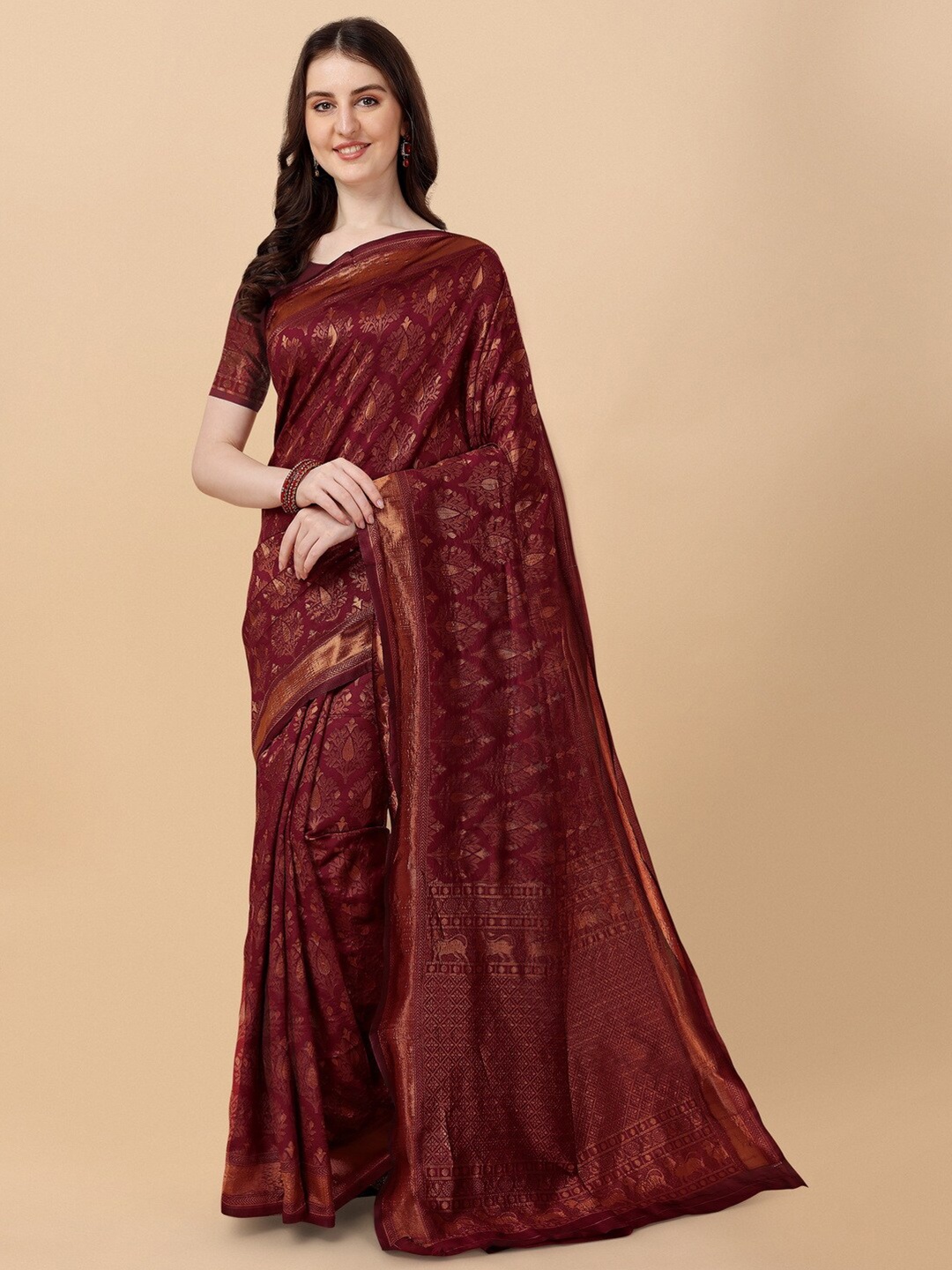 

BESUCHER Woven Design Zari Silk Blend Kanjeevaram Saree, Maroon