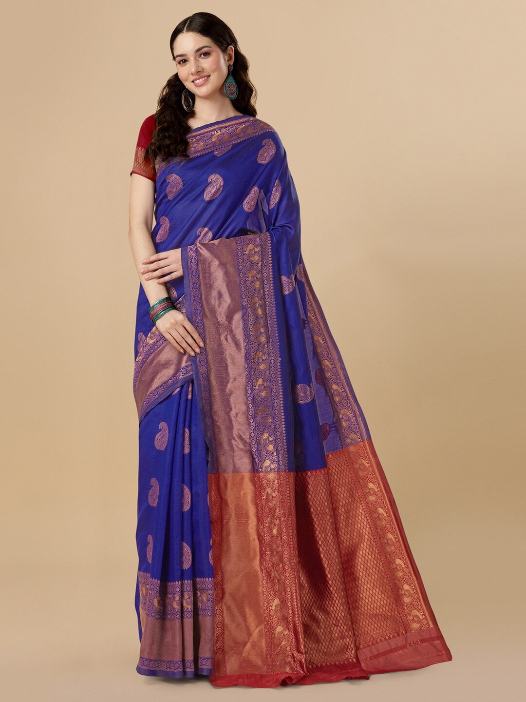 

BESUCHER Woven Design Zari Silk Blend Kanjeevaram Saree, Navy blue