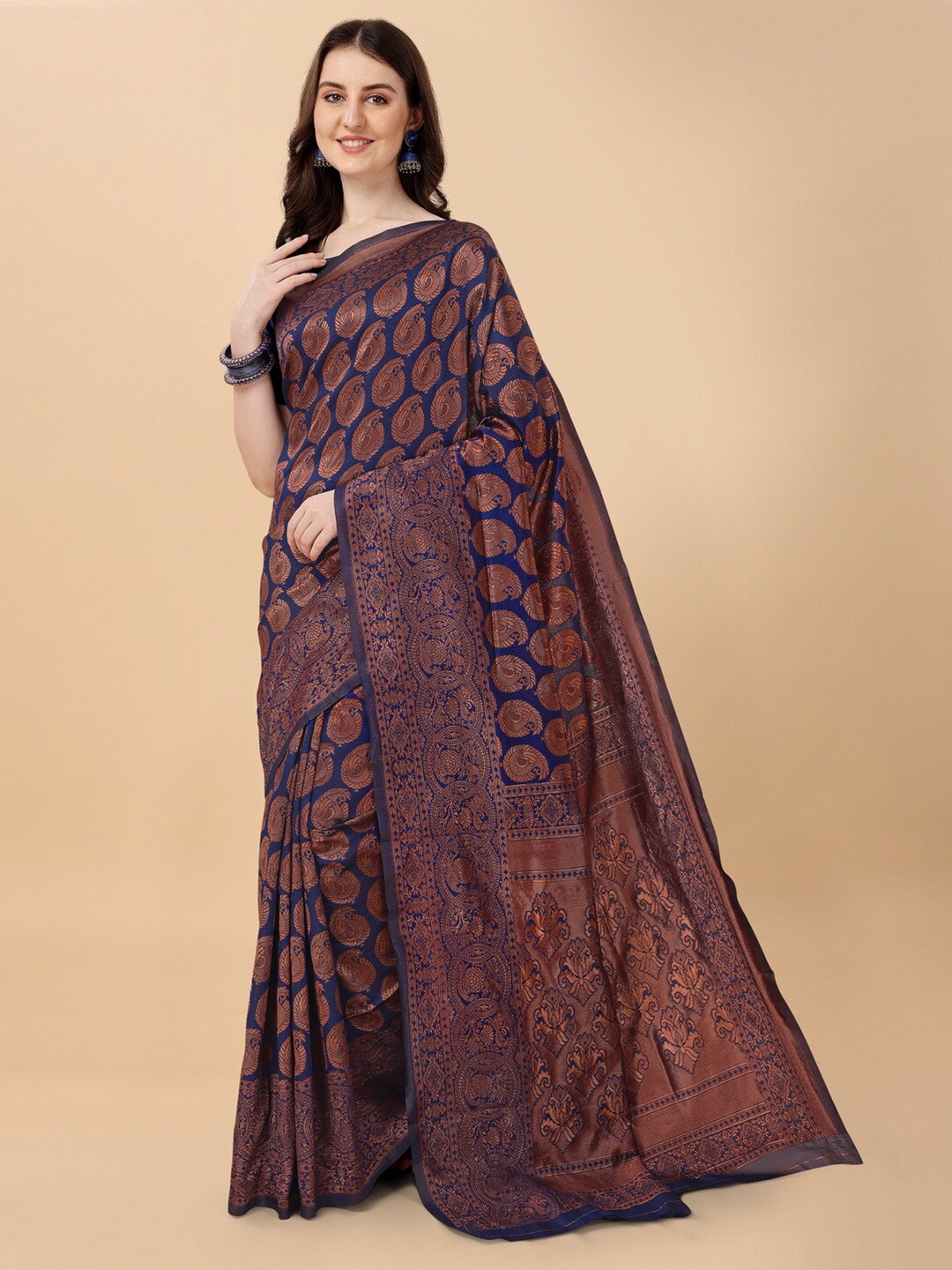 

BESUCHER Ethnic Motifs Zari Silk Blend Kanjeevaram Saree, Navy blue