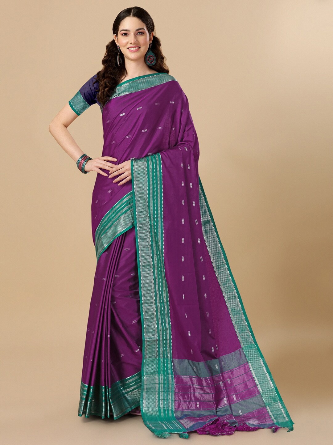 

BESUCHER Woven Design Zari Silk Blend Kanjeevaram Saree, Purple