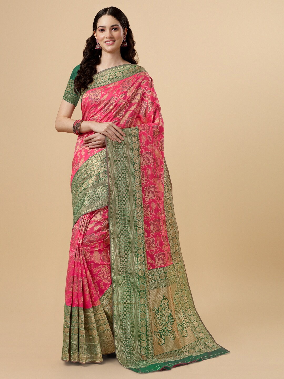 

BESUCHER Floral Zari Silk Blend Kanjeevaram Saree, Pink