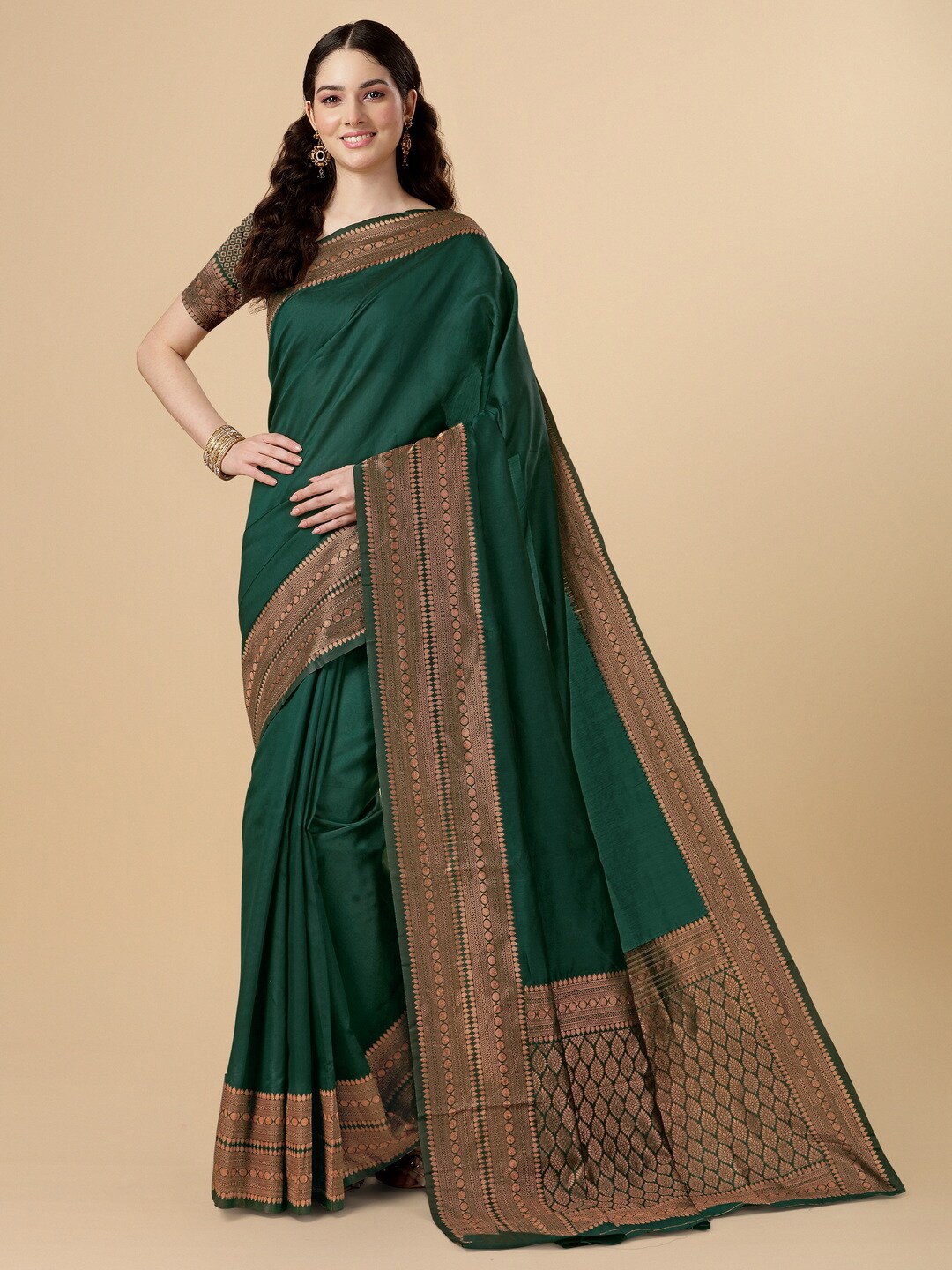 

BESUCHER Zari Silk Blend Kanjeevaram Saree, Green