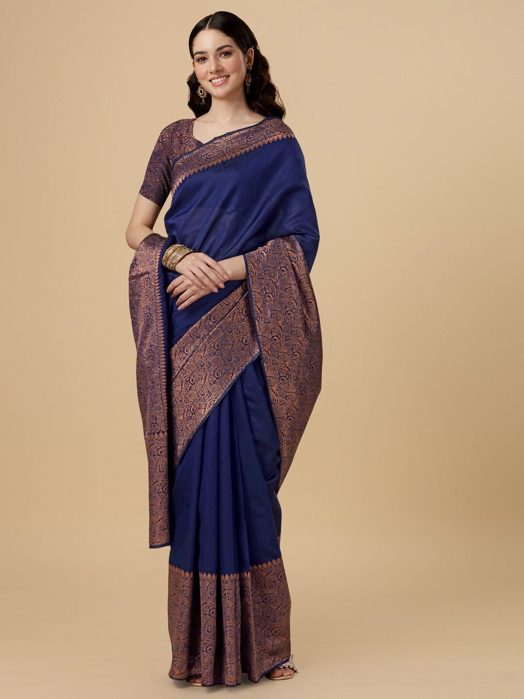 

BESUCHER Zari Silk Blend Kanjeevaram Saree, Navy blue