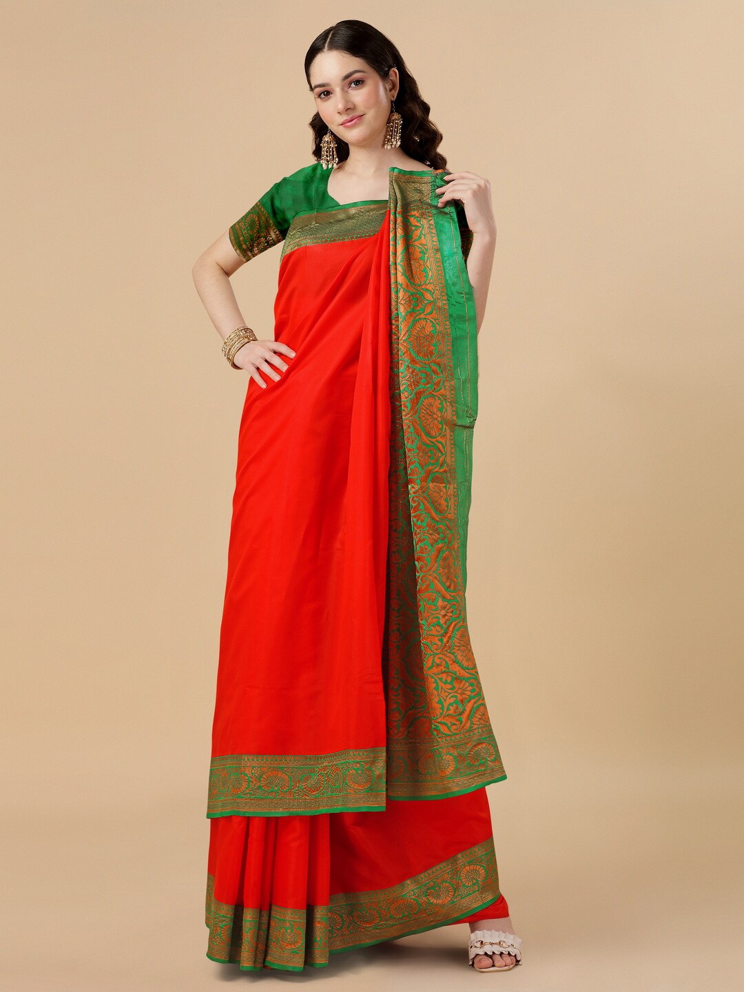 

BESUCHER Zari Silk Blend Kanjeevaram Saree, Red