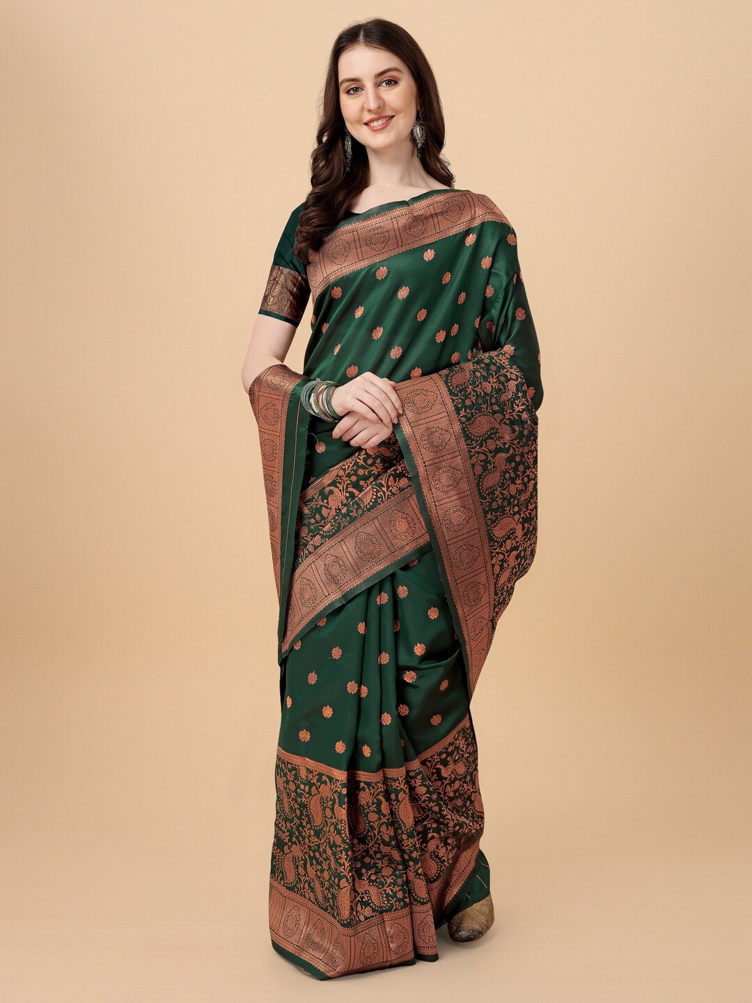 

BESUCHER Woven Design Zari Silk Blend Kanjeevaram Saree, Green