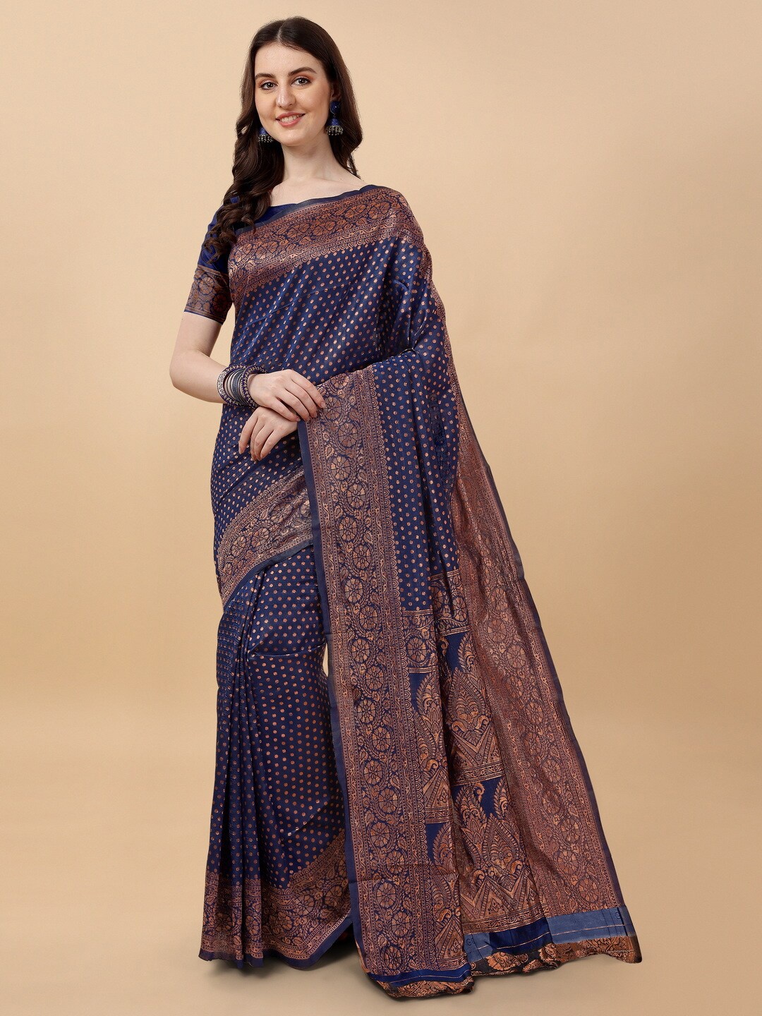 

BESUCHER Woven Design Zari Silk Blend Kanjeevaram Saree, Navy blue