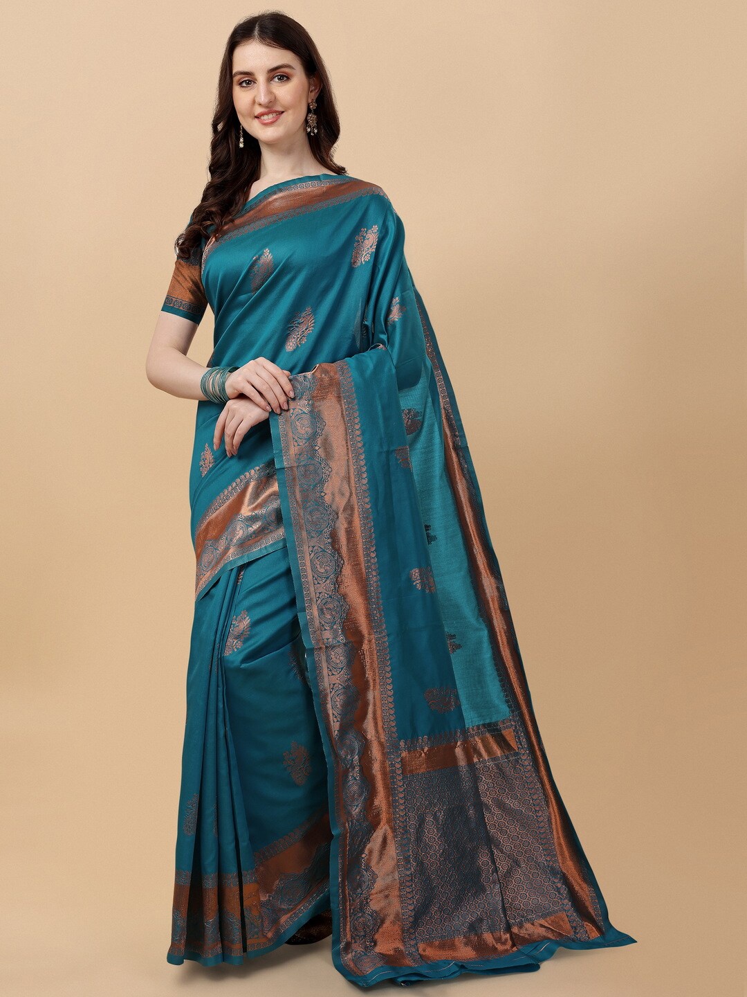 

BESUCHER Woven Design Zari Silk Blend Kanjeevaram Saree, Turquoise blue