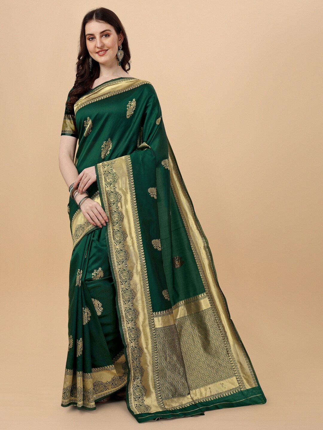 

BESUCHER Ethnic Motifs Woven Design Zari Kanjeevaram Saree, Green