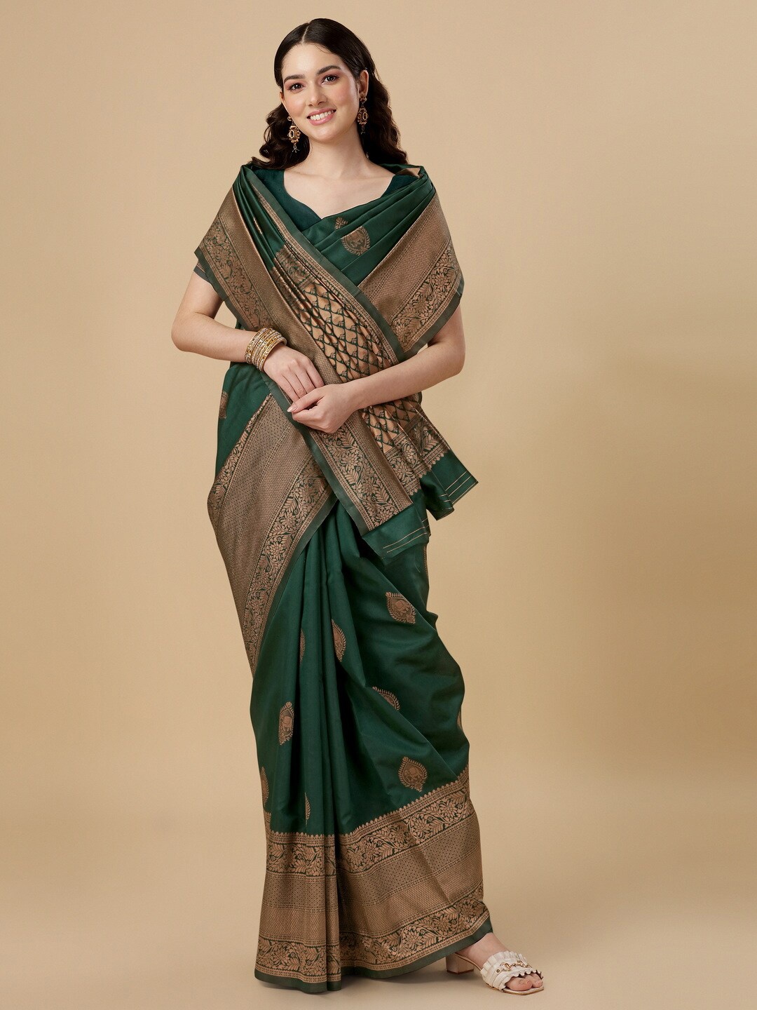 

BESUCHER Ethnic Motifs Zari Silk Blend Kanjeevaram Saree, Green