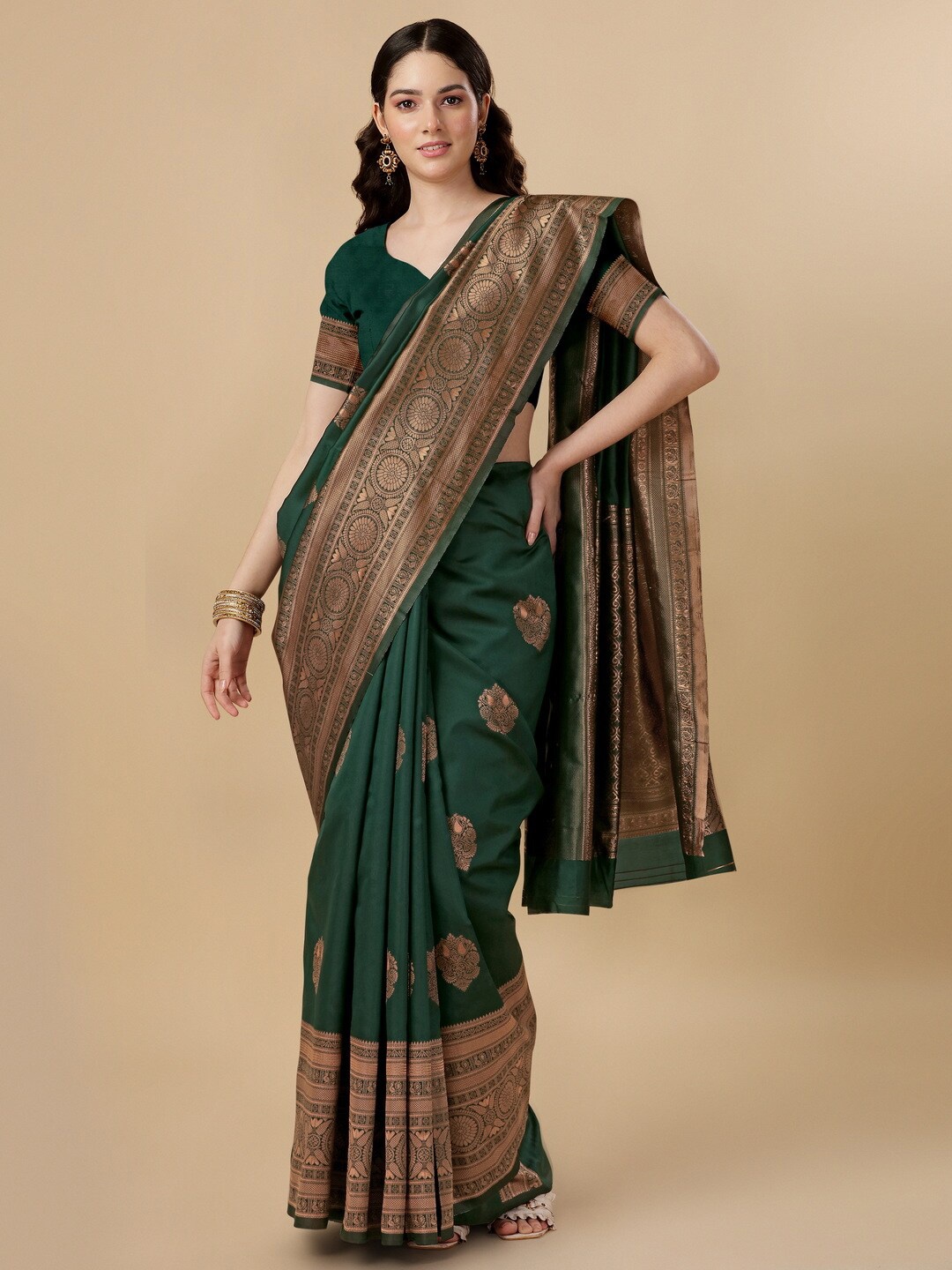 

BESUCHER Ethnic Motifs Zari Silk Blend Kanjeevaram Saree, Green