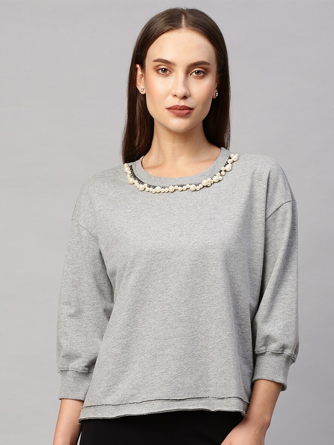 

Chemistry Women Cotton Solid Sweatshirt, Grey melange