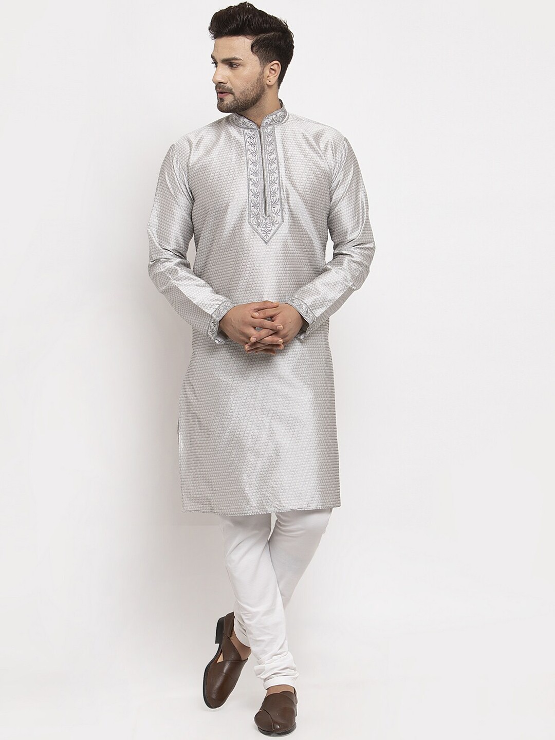 

Benstoke Men Mandarin Collar Embroidered Kurta with Churidar, Grey