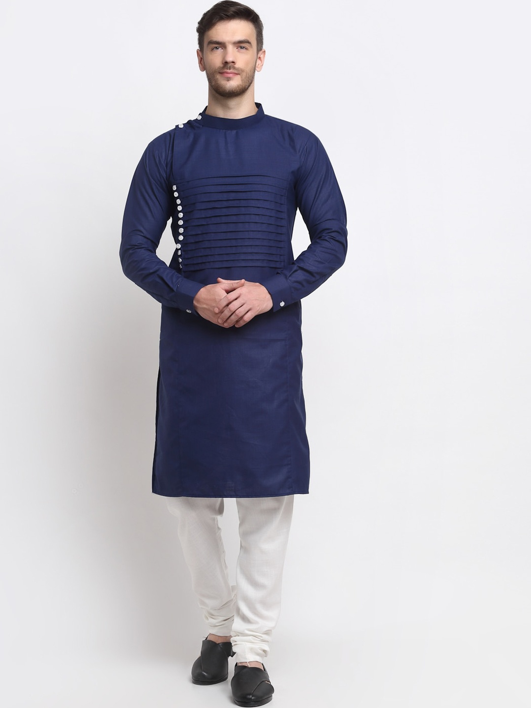 

Benstoke Men Navy Blue Yoke Design Kurta with Churidar