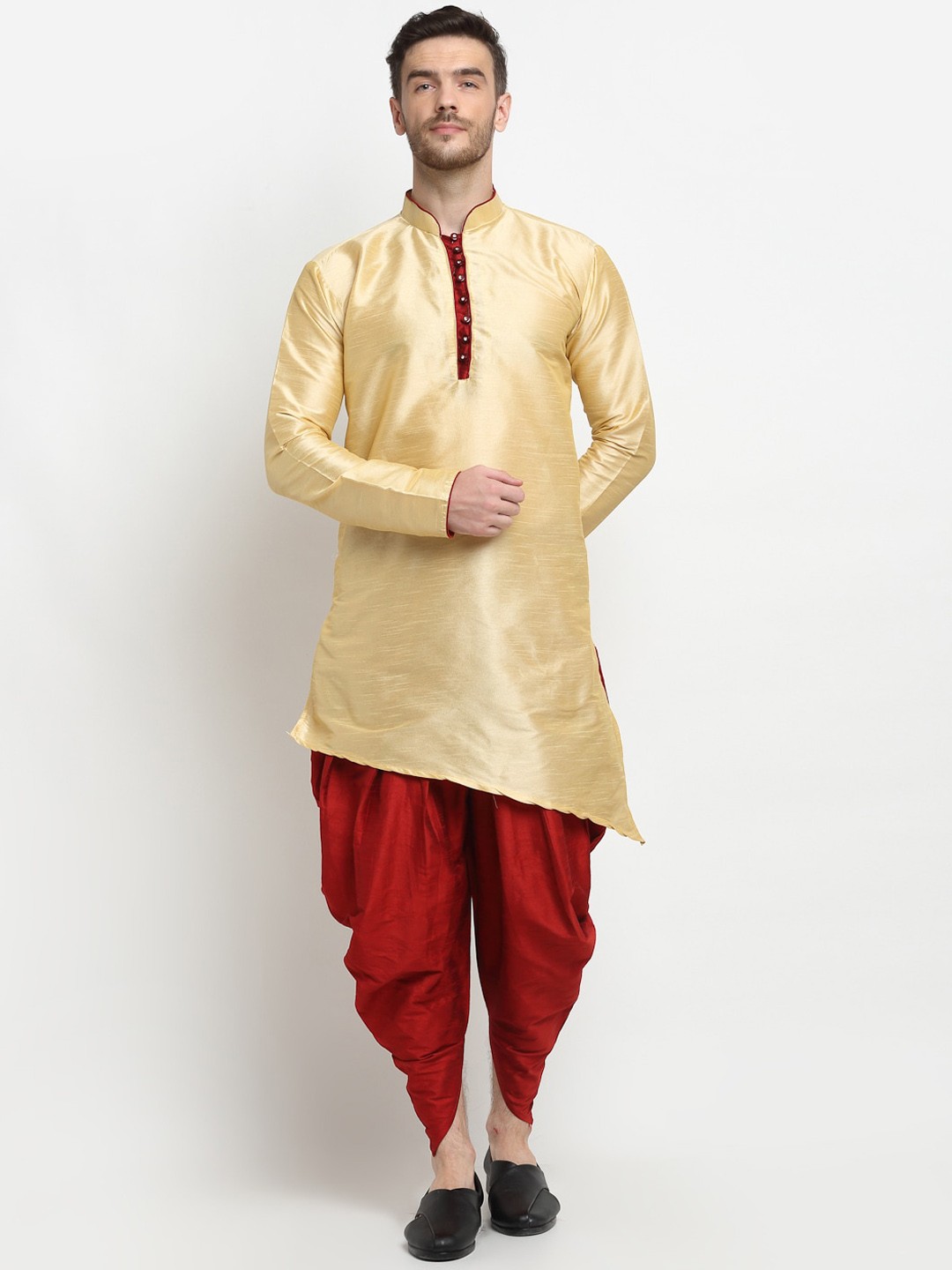 

Benstoke Men Mandarin Collar Kurta with Dhoti Pants, Gold