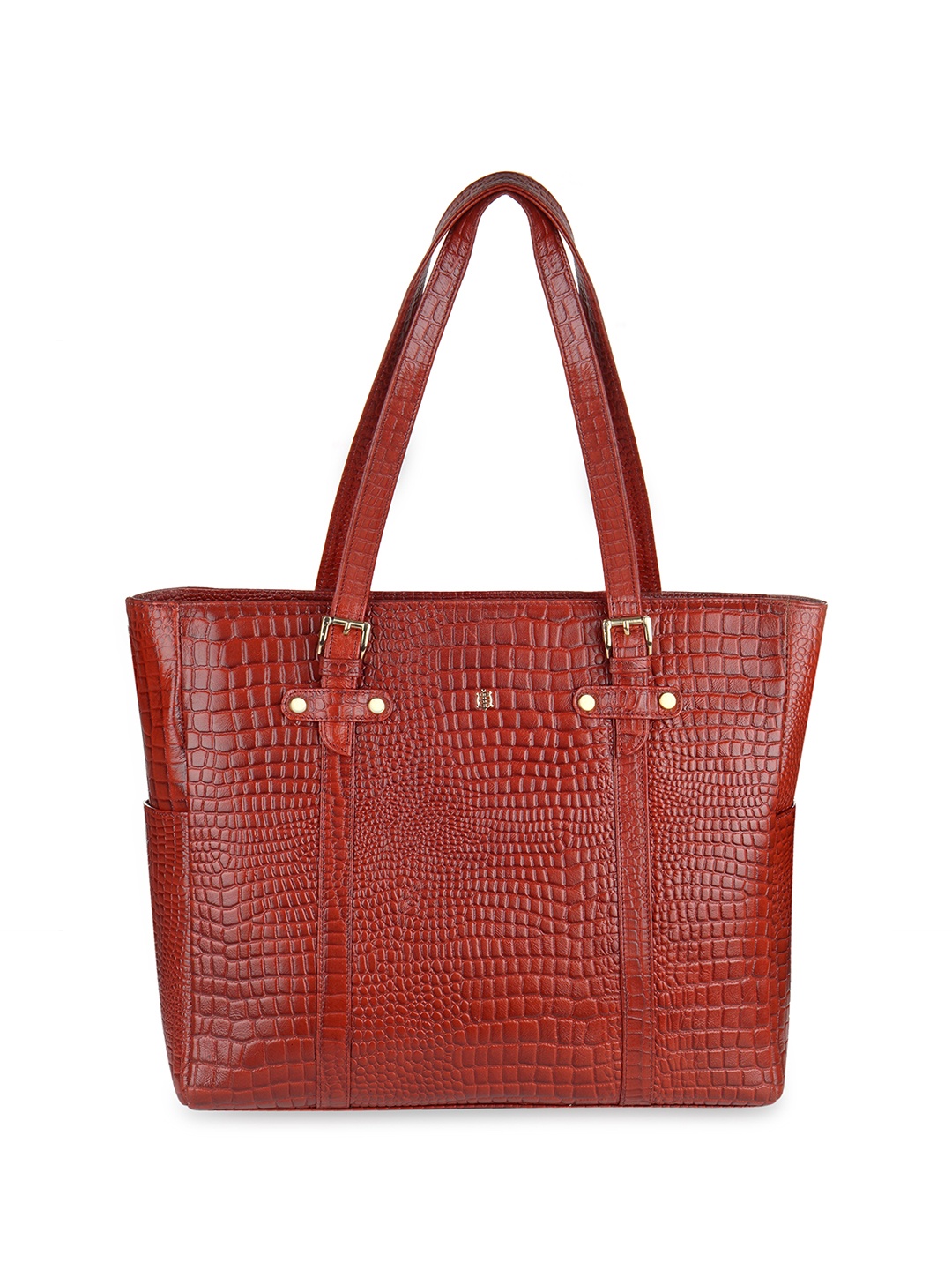 

Tortoise Textured Genuine leather Shopper Handheld Bag with Cut Work, Brown