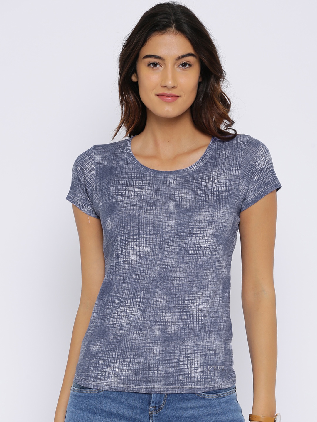 

Pepe Jeans Women Blue Printed Round Neck Pure Cotton T-shirt