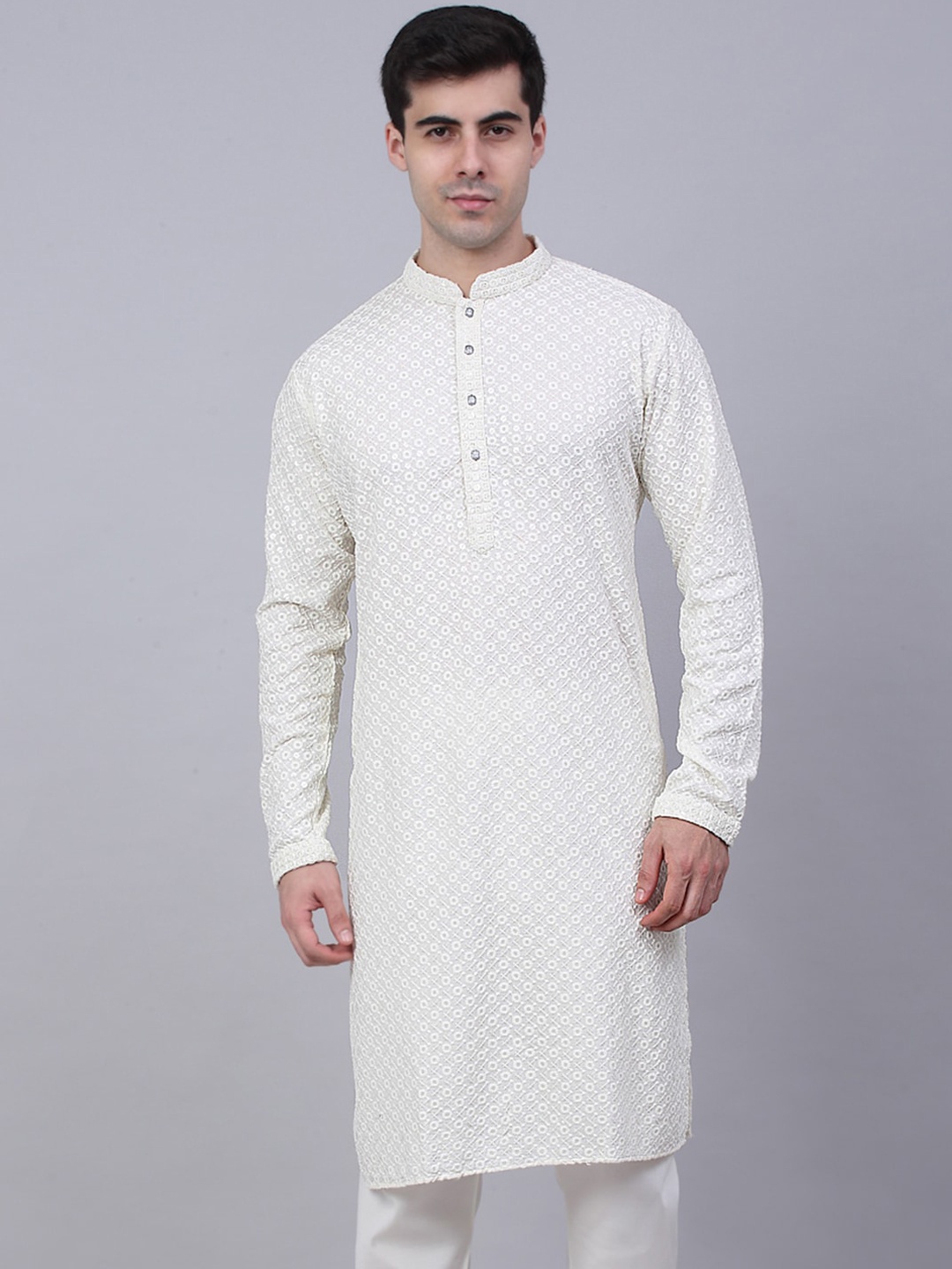 

Jompers Men Geometric Embroidered Pure Cotton Kurta, Cream