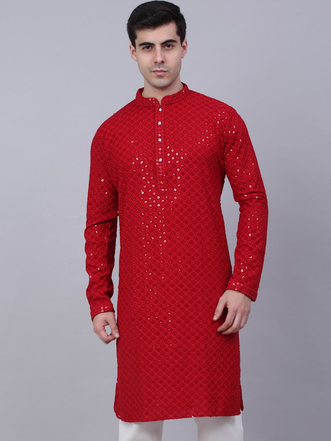 

Jompers Men Ethnic Motifs Embroidered Flared Sleeves Thread Work Kurta, Maroon