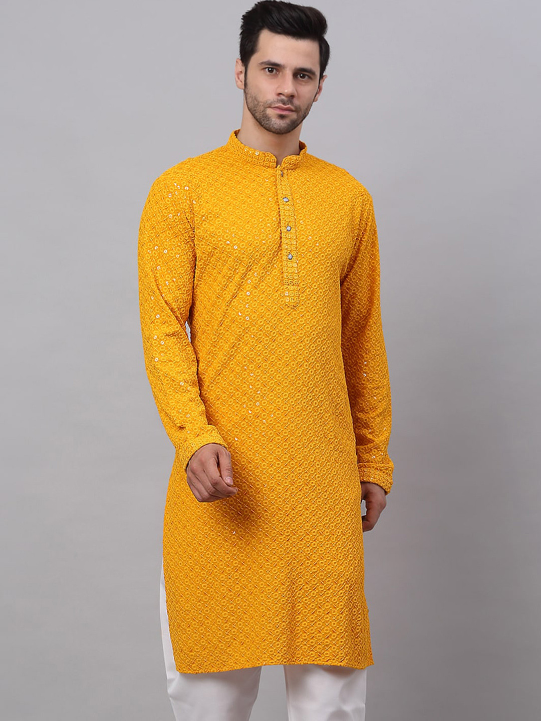 

Jompers Men Geometric Embroidered Pure Cotton Kurta, Mustard