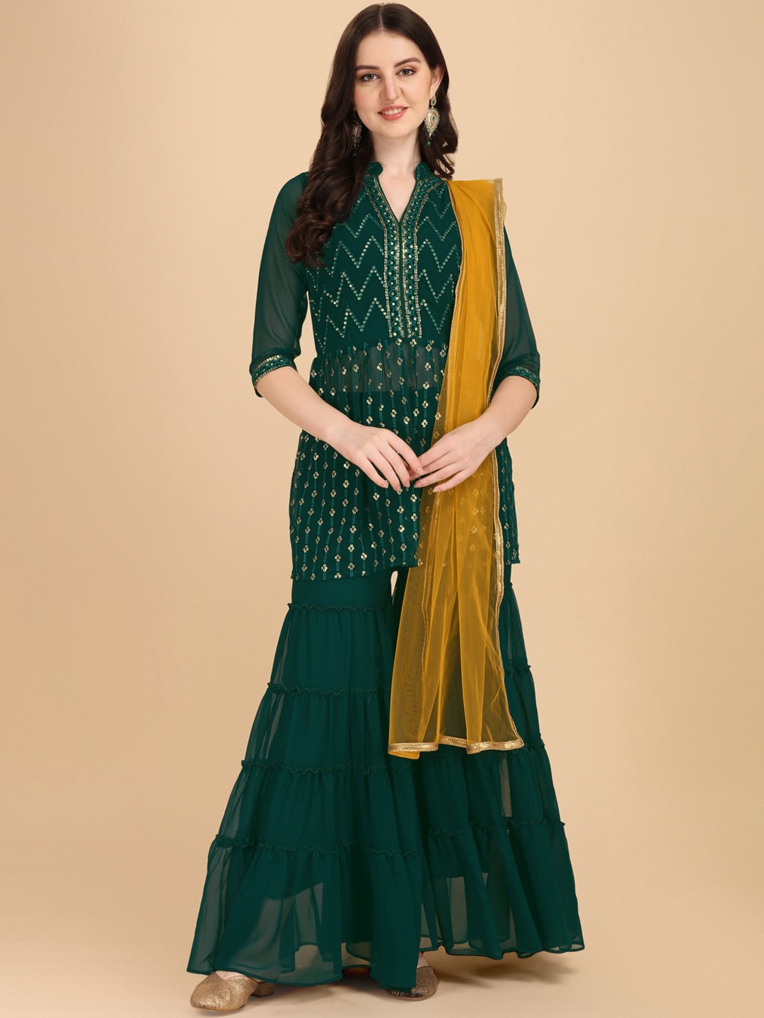 

Virah Fashion Women Embroidered Sequinned Kurti with Sharara & Dupatta, Green