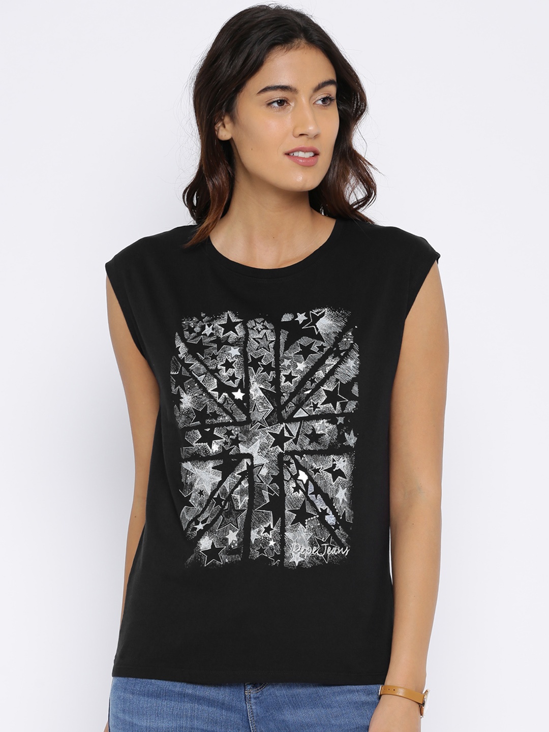 

Pepe Jeans Women Black Printed Round Neck Pure Cotton T-shirt